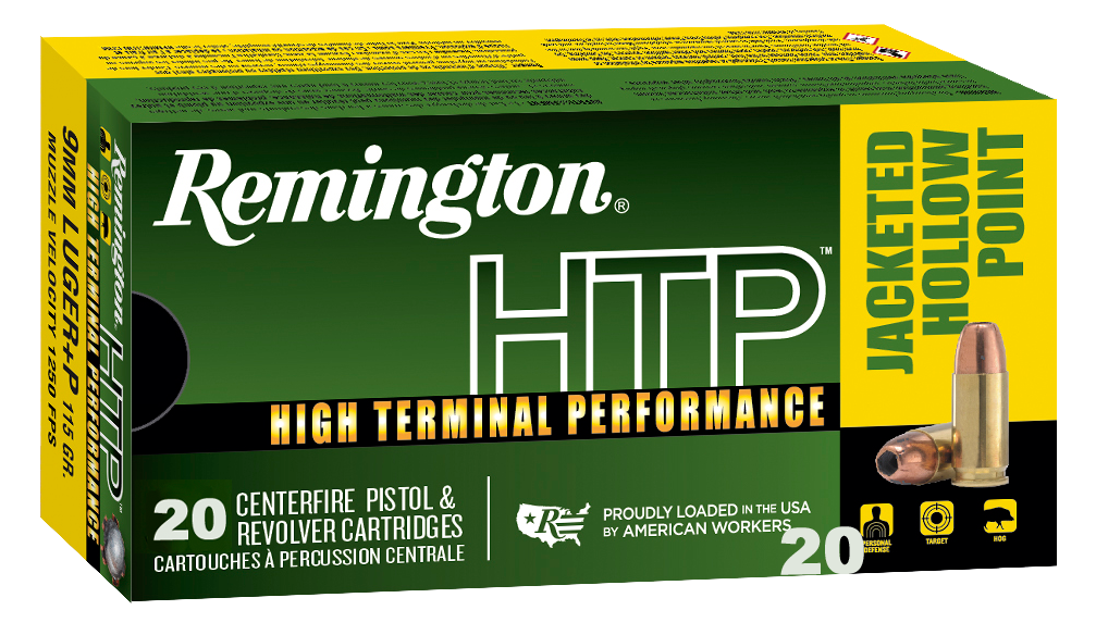 Remington HTP Pistol Ammunition 28293, 9mm Luger, JHP, 115 gr, 1250 fps, 20 Rd/Bx
