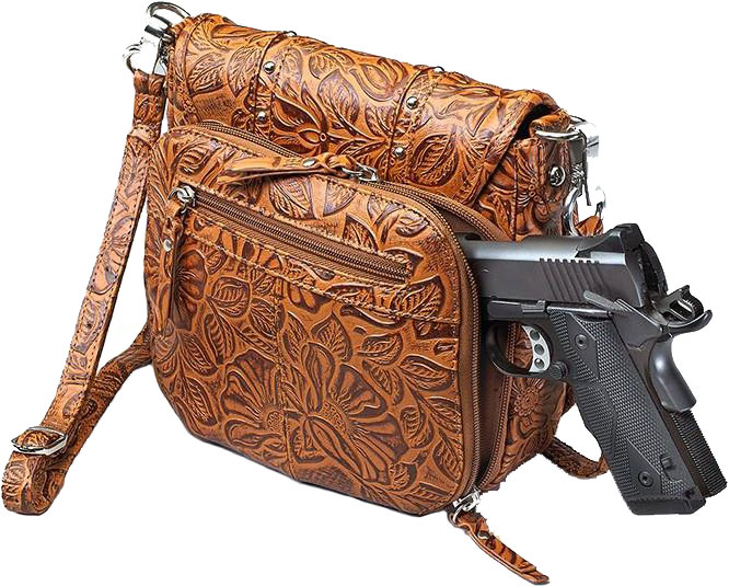 Gun Tote'n Mamas Tan Shoulder Bag, Tooled Leather (GTM-16TLDTN) Fits Small Pistols & Revolvers, Ambidextrous Hand