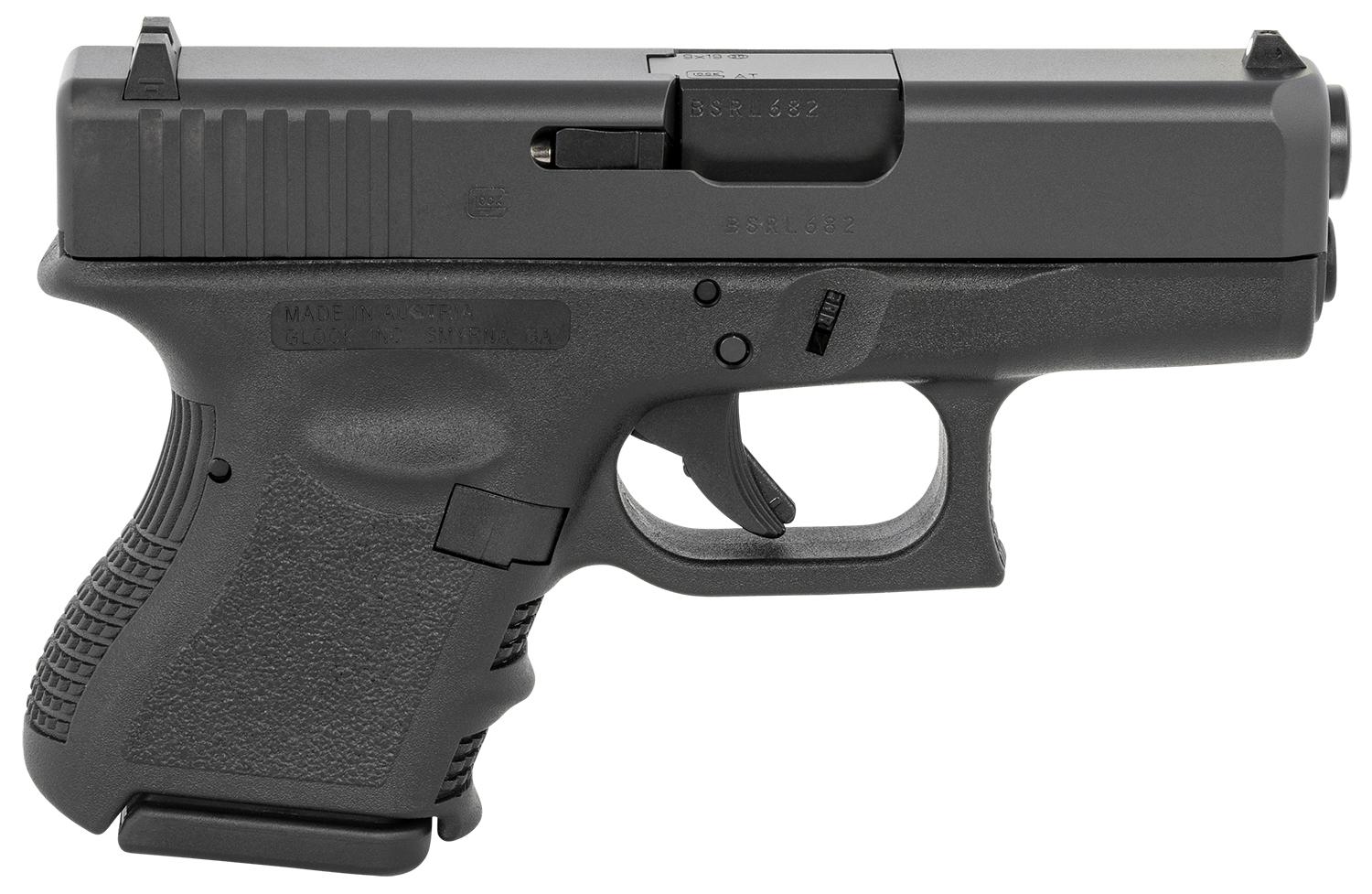 Glock G26 Gen3 Subcompact Pistol G26AUT, 9mm Luger, 3.43", Finger Grooved Textured Grips, Black Finish, 10 Rds