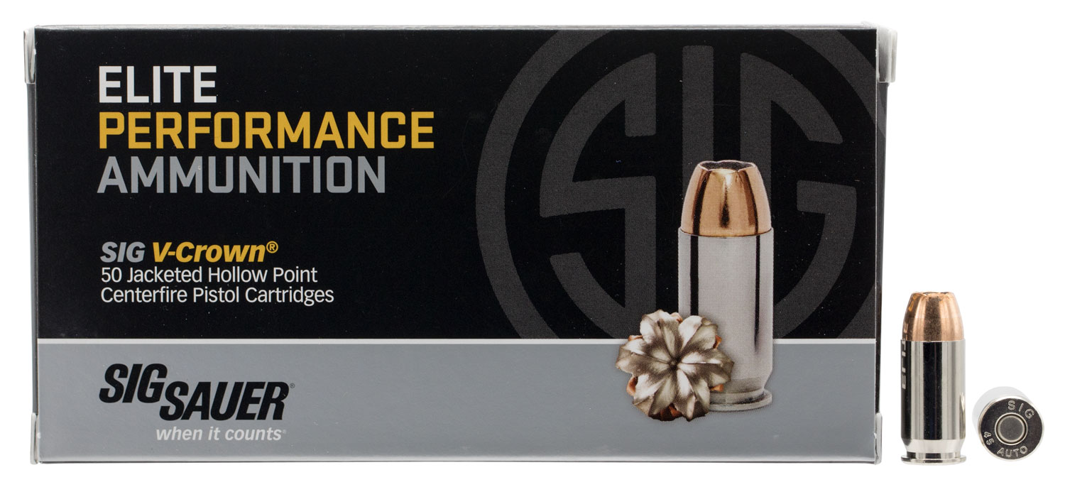 Sig Sauer Elite V-Crown Pistol Ammunition E45AP250, 45 ACP, JHP, 230 gr, 830 fps, 50 Rd/Bx