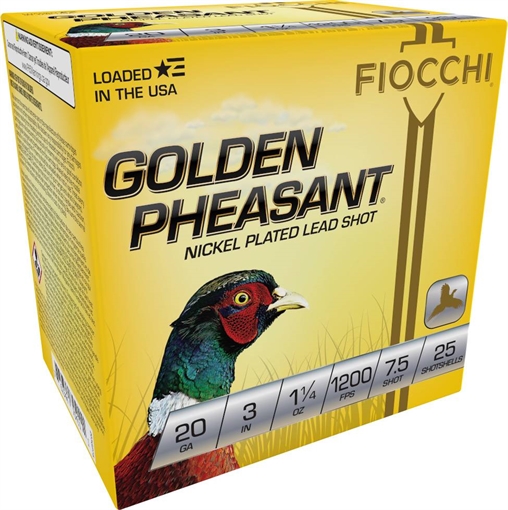 FIOCCHI GOLDEN PHEASANT AMO 20GA 3 IN 1 1/4 OZ #7.5 1200FPS 25-RD ( 10 BOXES PER CASE ) 203GP75