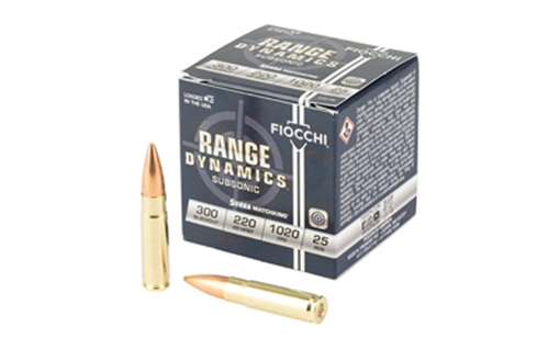 Fiocchi Ammunition Range Dynamics, Subsonic, 300 Blackout, 220 Grain, Boat Tail Hollow Point Matchking, 25 Round Box 300BLKMB
