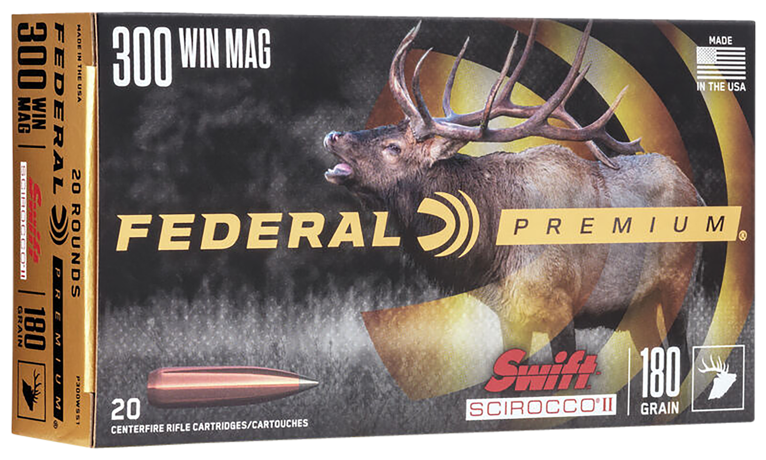 Federal Premium Rifle Ammunition P300WSS1, 300 Win Mag, Swift Scirocco II, 180 gr, 2950 fps, 20 Rd/Bx