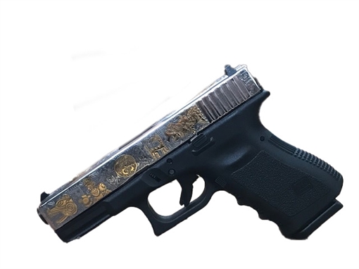 GLOCK 19 G19 HGA 9MM 4.0 IN BBL FS 5LB 2 15RD MAGS NICKEL PLATED AZTEC GOLD INSERTS GLOGUI1950203NPGAZ