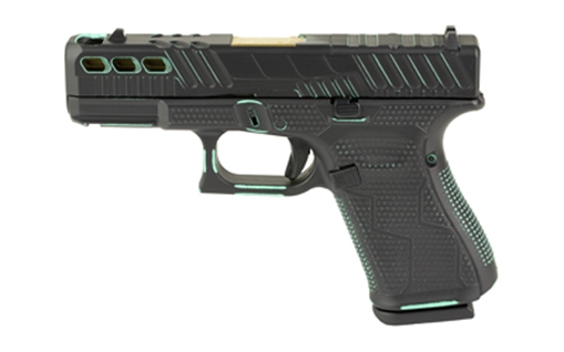 GLOCK 19 GEN 5, Striker Fired, Semi-automatic, Polymer Frame Pistol, Compact, 9MM, 4.02" Gold Barrel, Custom Black and Robin's Egg Blue Cerakote Finish by Shark Coast Tactical, Fixed Sights, 15 Rounds, 3 Magazines PA195S203
