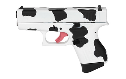 GLOCK 43, Striker Fired, Semi-automatic, Polymer Frame Pistol, Sub-Compact, 9MM, 3.41" Barrel, Custom Cow Print Cerakote Finish by Skydas, Fixed Sights, 6 Rounds, 2 Magazines UI4350204MOO