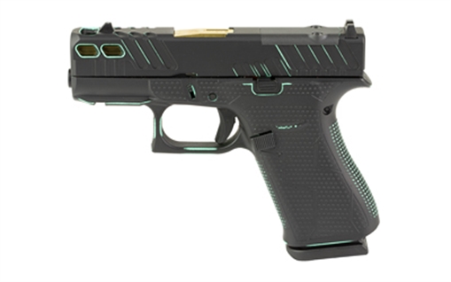 GLOCK 43X, M.O.S, Striker Fired, Semi-automatic, Polymer Frame Pistol, Sub-Compact, 9MM, 3.41" Barrel, Custom Black and Robin's Egg Blue Cerakote Finish by Shark Coast Tactical, Fixed Sights, Optic Ready, Gold Barrel, 10 Rounds, 2 Magazines PX4350201FRMOS
