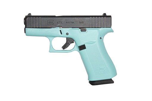 GLOCK 43X G43X HGA 9MM 3.6 IN BBL FS 5LB BLACK 2 10RD MAGS CERAKOTE ROBIN EGG BLUE FRAME GLOGUX4350201REB