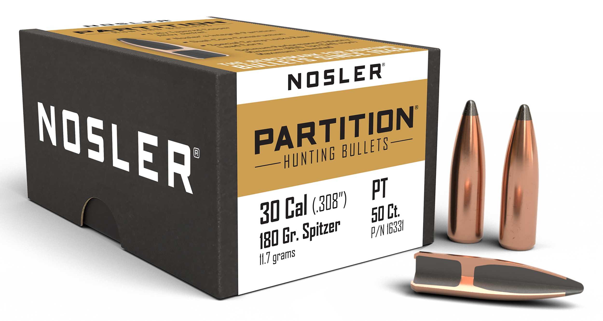 Nosler Partition 30 Cal .308 180gr Spitzer Reloading Bullets - 50/Box