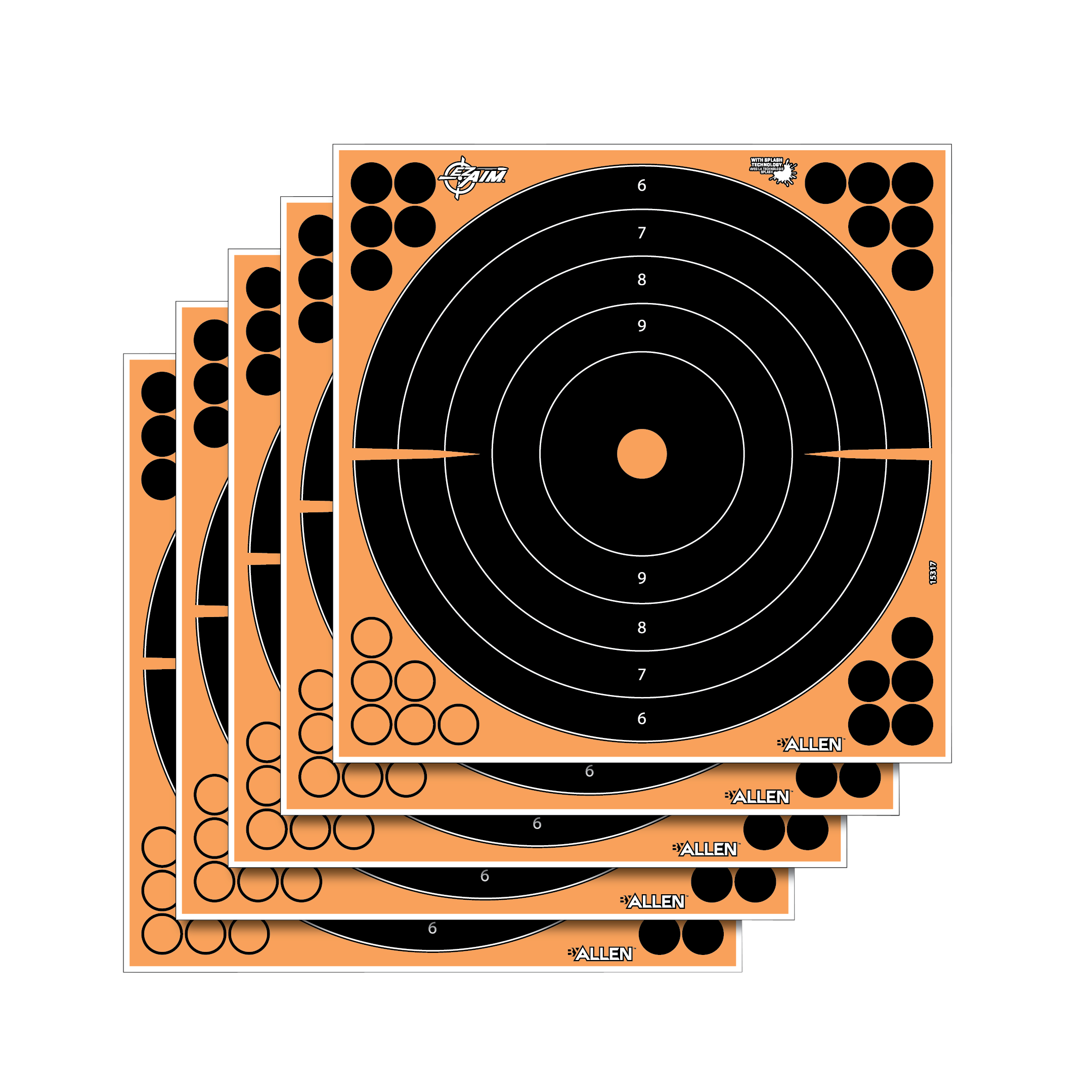 EZ-Aim 15317 Splash Reactive Self-Adhesive Paper 12" Bullseye Target 5 Pack - Black/Orange