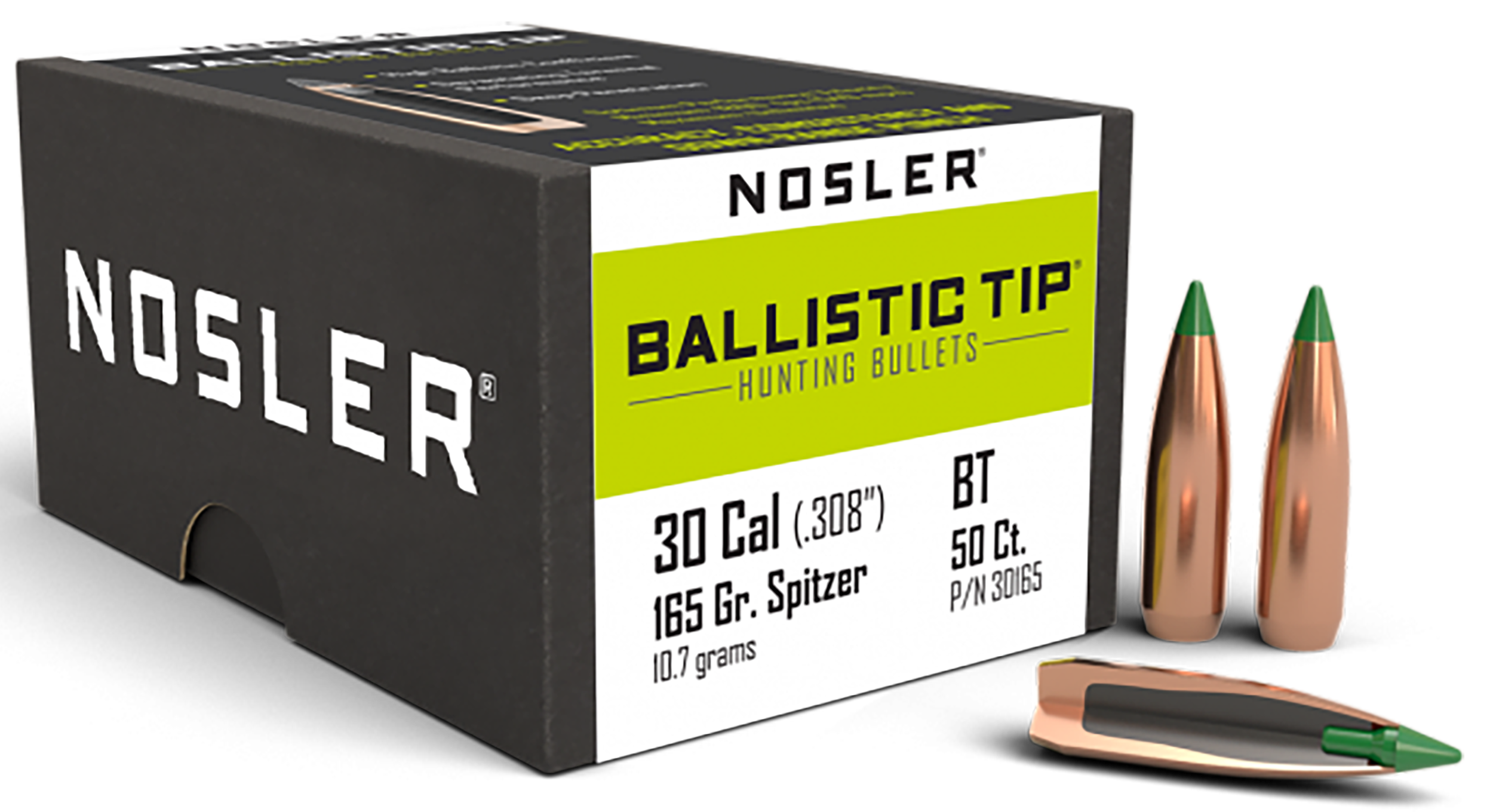 Nosler Ballistic Tip Hunting 30 Cal .308 165gr Spitzer Reloading Bullets - 50/Box