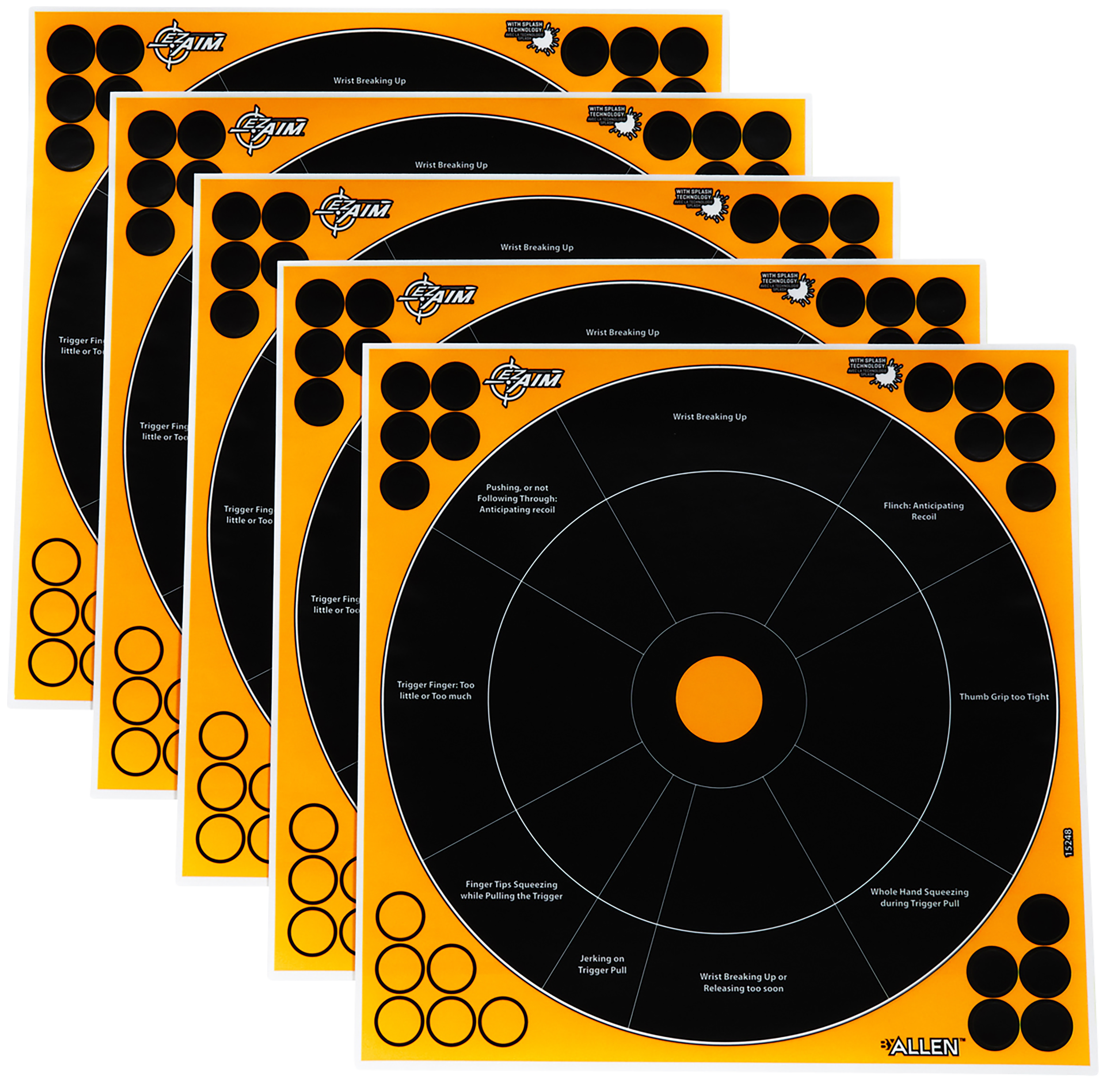 EZ-Aim 15248 Splash Reactive Self-Adhesive Paper Bullseye Target 12" Black/Orange - 5 Pack