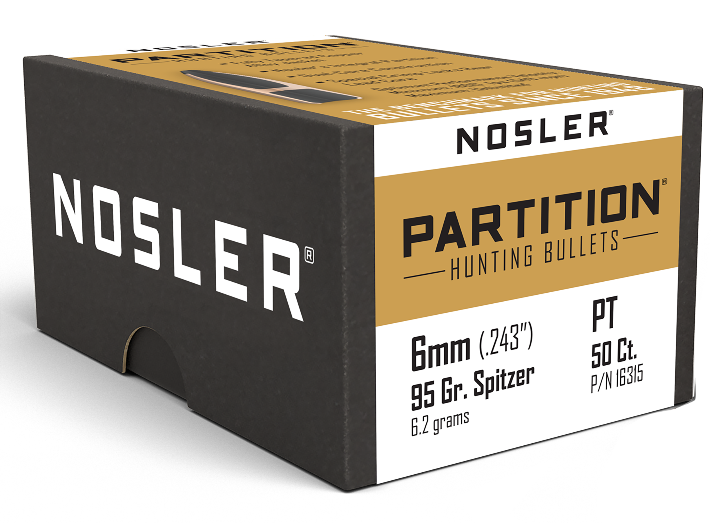 Nosler Partition 6mm (.243) 95gr Spitzer Reloading Bullets - 50/Box