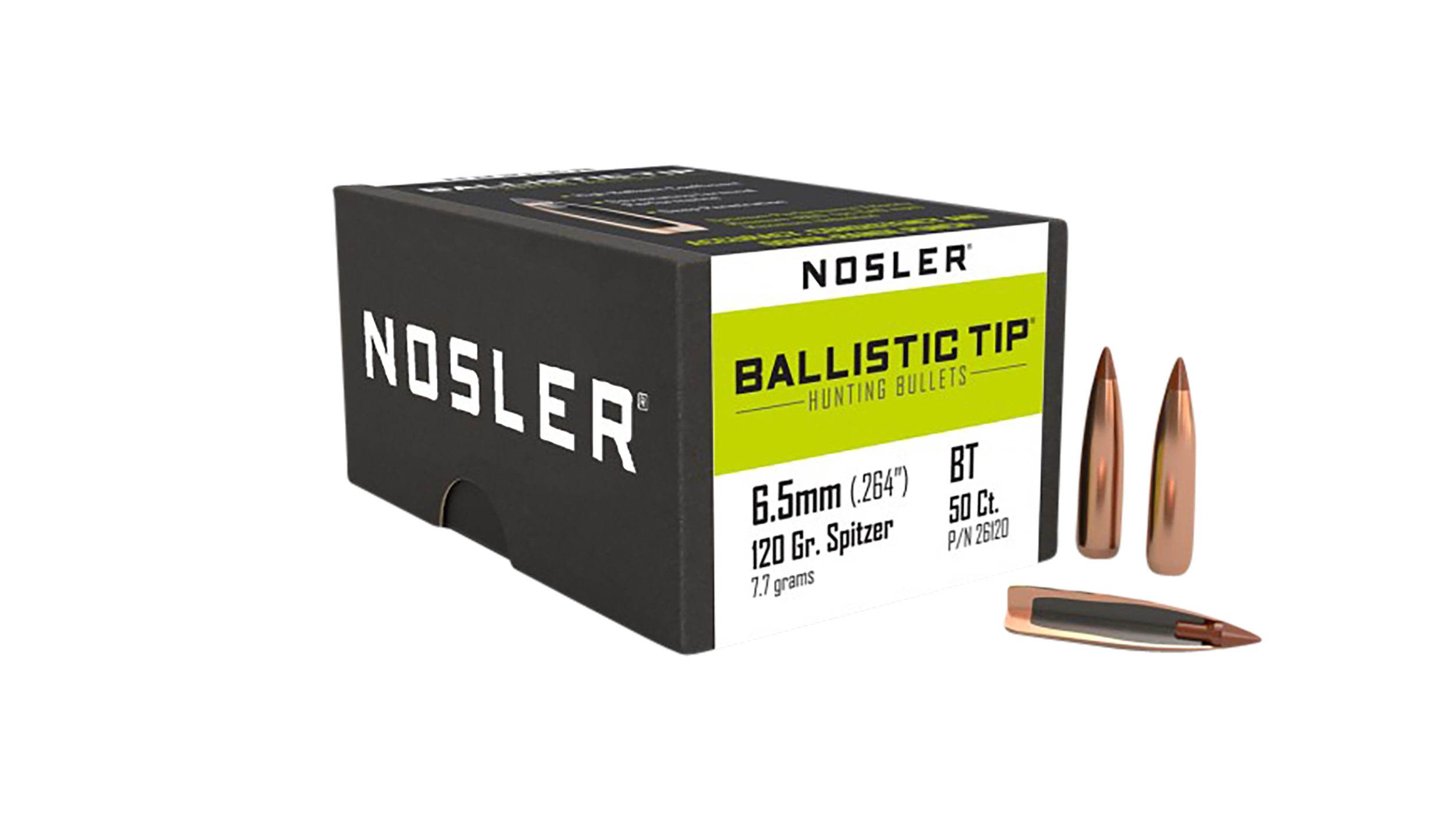 Nosler Ballistic Tip Hunting 6.5mm 120gr Spitzer Reloading Bullets - 50/Box