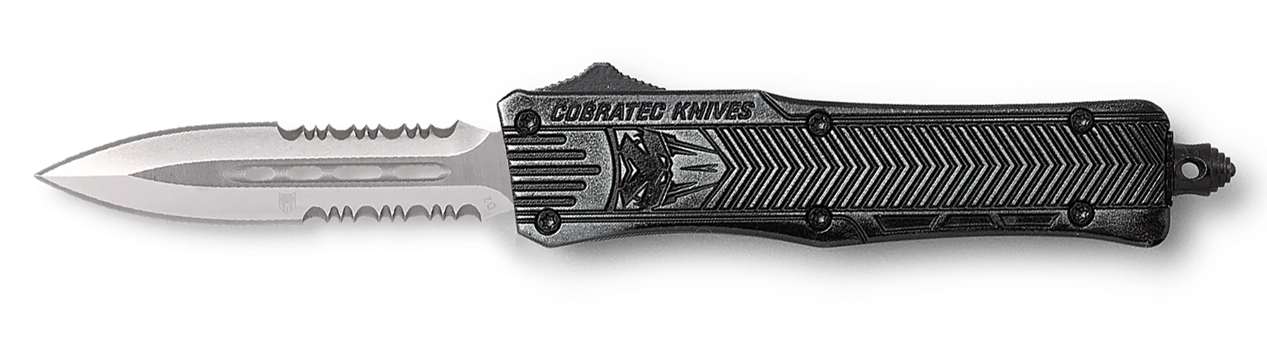 CobraTec CTK-1 Small 2.75" OTF Dagger Part Serrated D2 Steel Stonewashed Aluminum Handle