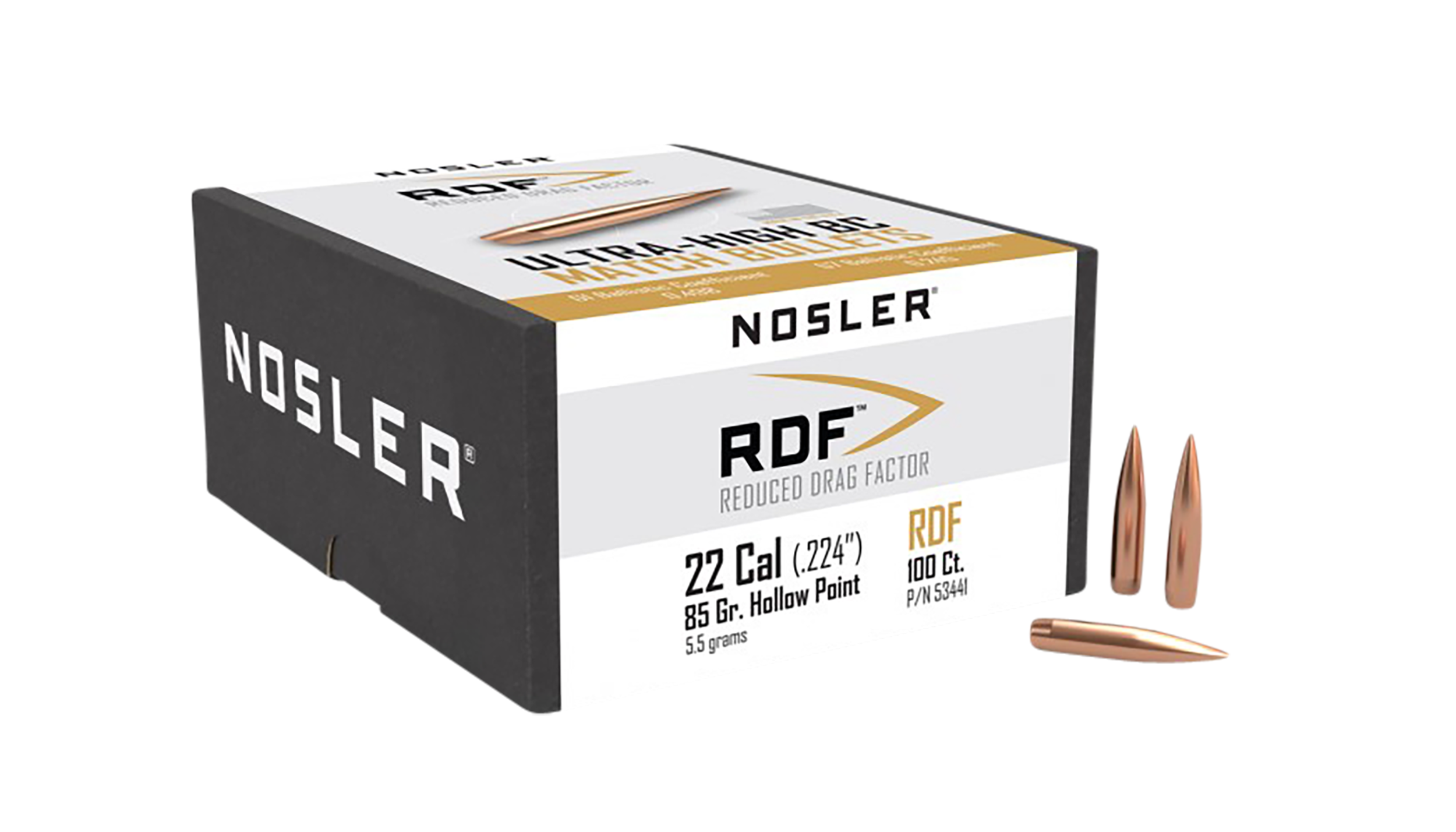 Nosler RDF Match 22 Cal 85gr Hollow Point Boat Tail Reloading Bullets - 100/Box