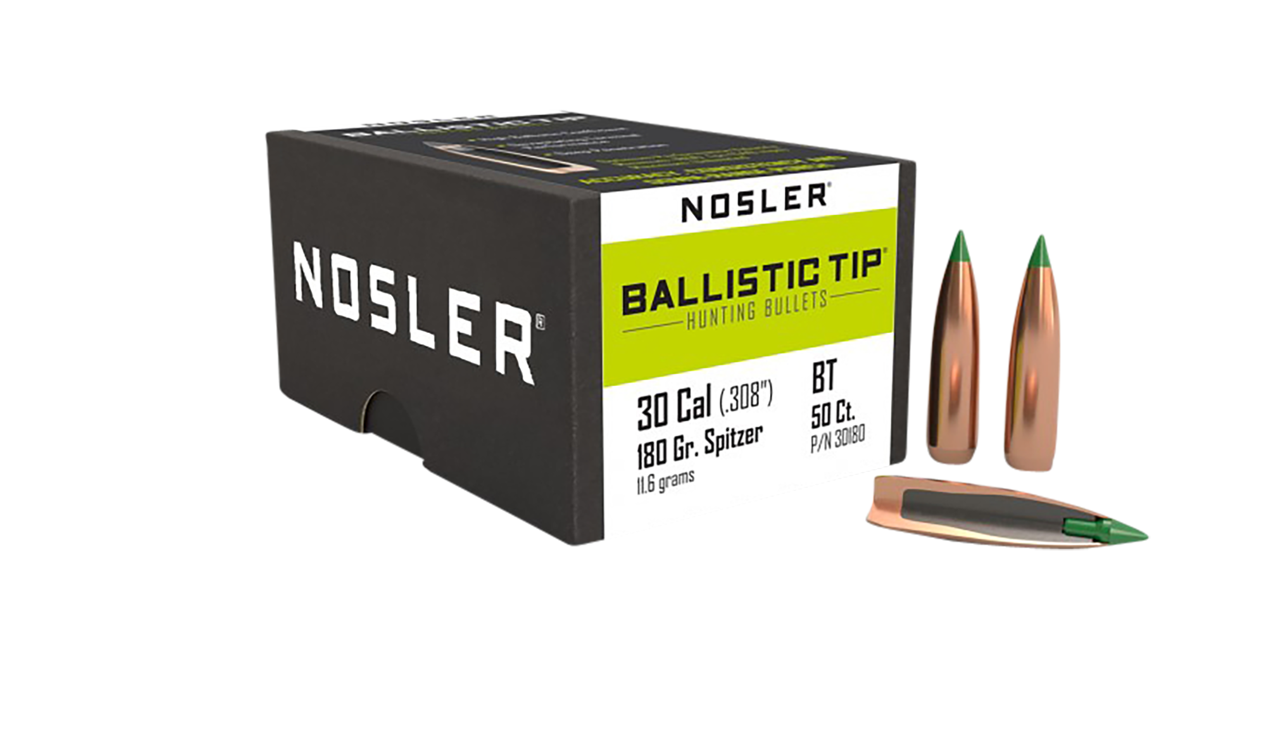 Nosler Ballistic Tip 30 Cal .308 180gr Spitzer Reloading Bullets - 50/Box