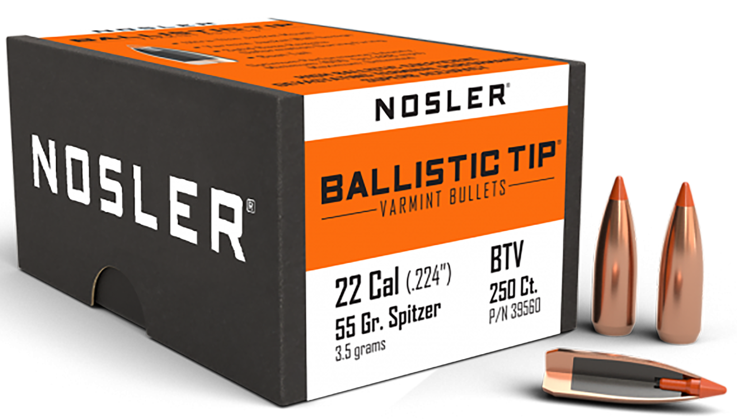 Nosler Ballistic Tip Varmint 22 Cal 55gr Spitzer Point Reloading Bullets - 250/Box