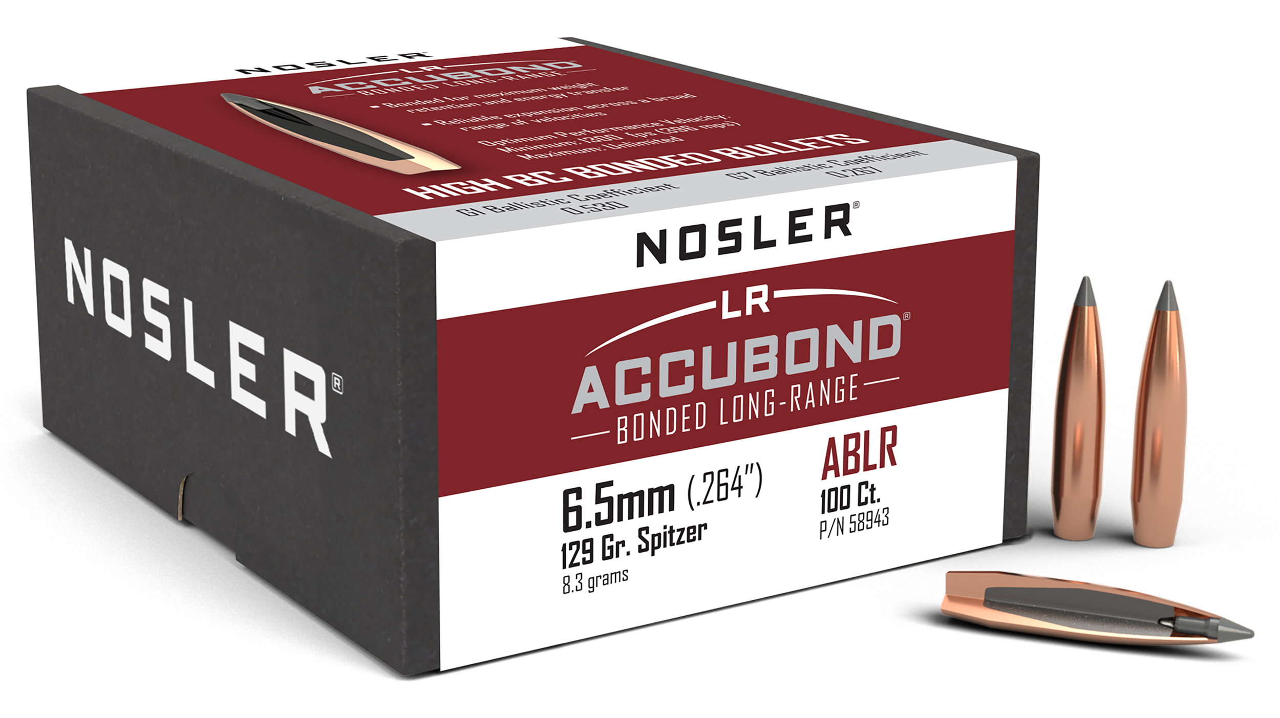 Nosler AccuBond Long Range 6.5mm .264 129gr Spitzer Point 100/Box