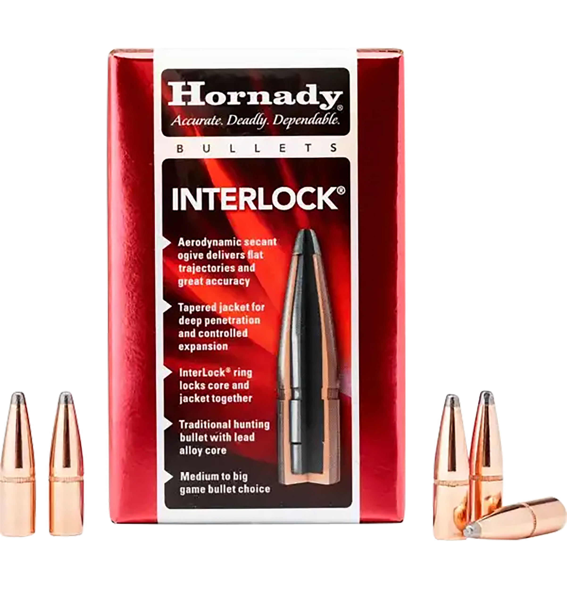 Hornady InterLock .308 30 Cal 180 gr Boat Tail Spire Point Reloading Bullets - 100/Box