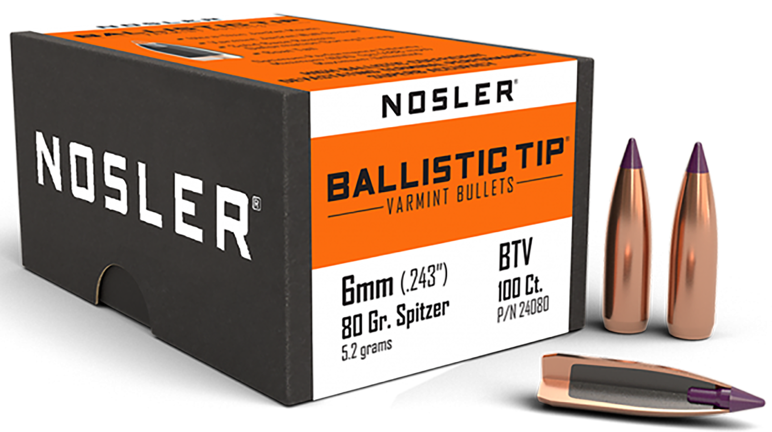 Nosler Ballistic Tip Varmint 6mm 80gr Spitzer Point 100/Box