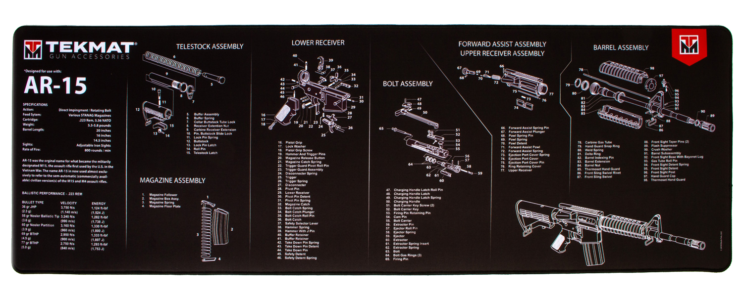 TekMat Ultra 44 AR-15 Cleaning Mat Black/White 15"x44" Rubber Parts Diagram