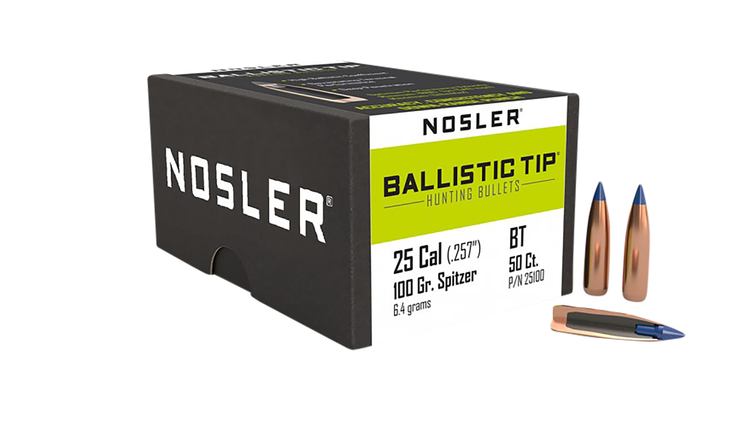 Nosler Ballistic Tip 25 Caliber 100gr Spitzer Reloading Bullets - 50/Box