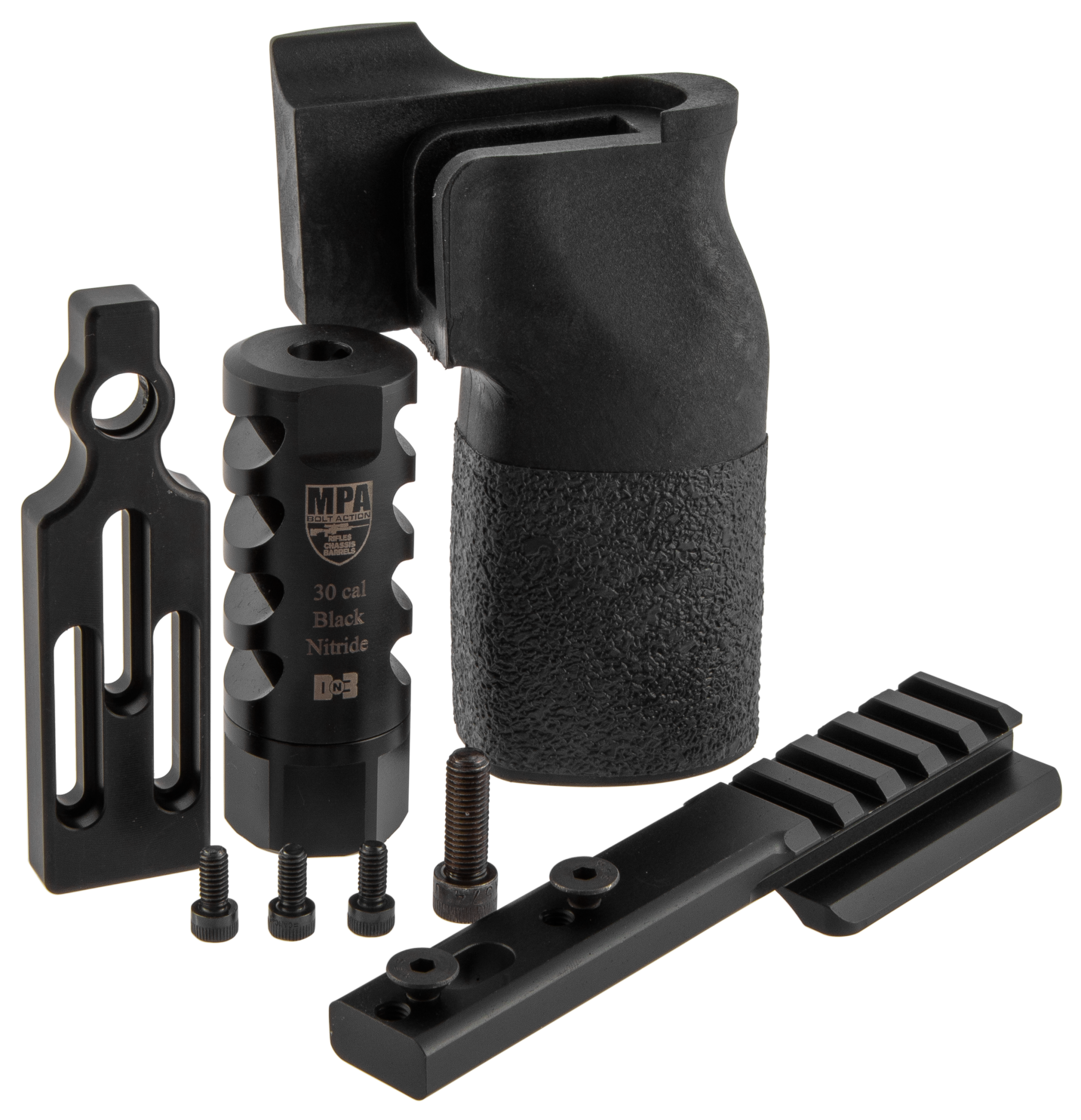 MasterPiece Arms 6.5 PMR Accessory Bundle - DN3 Muzzle Brake, Vertical Grip, V4 Spigot Mount & Bag Rider