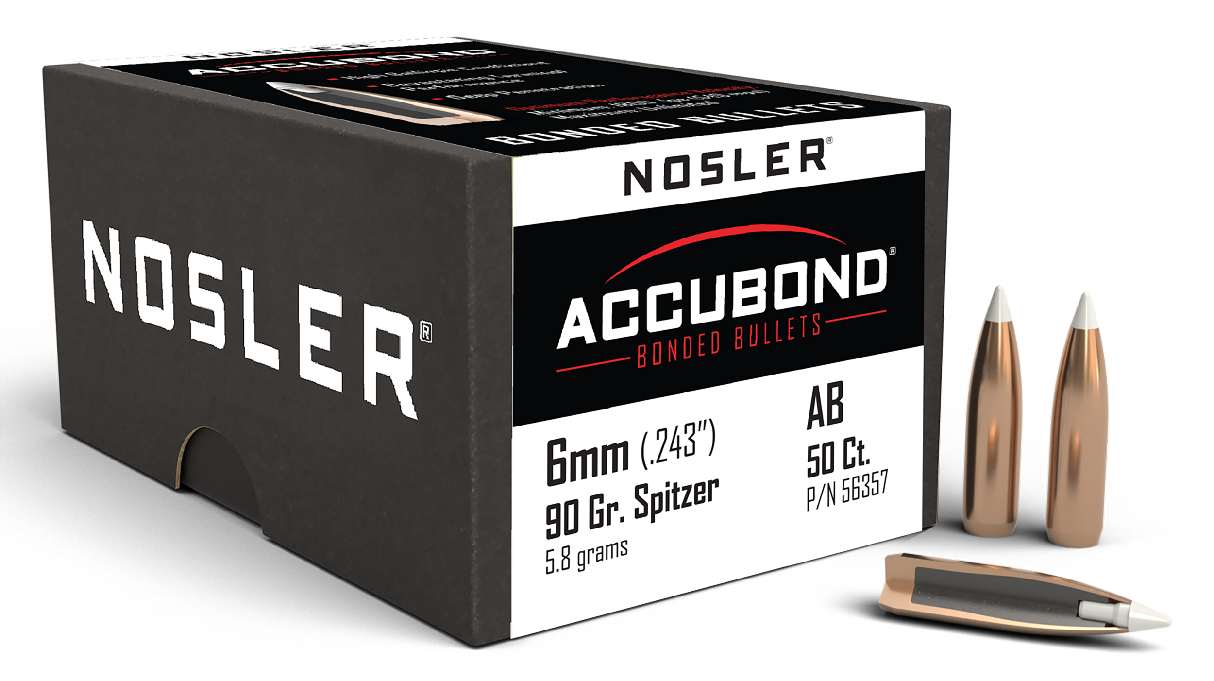 Nosler AccuBond 6mm 90gr Spitzer Point Reloading Bullets - 50/Box