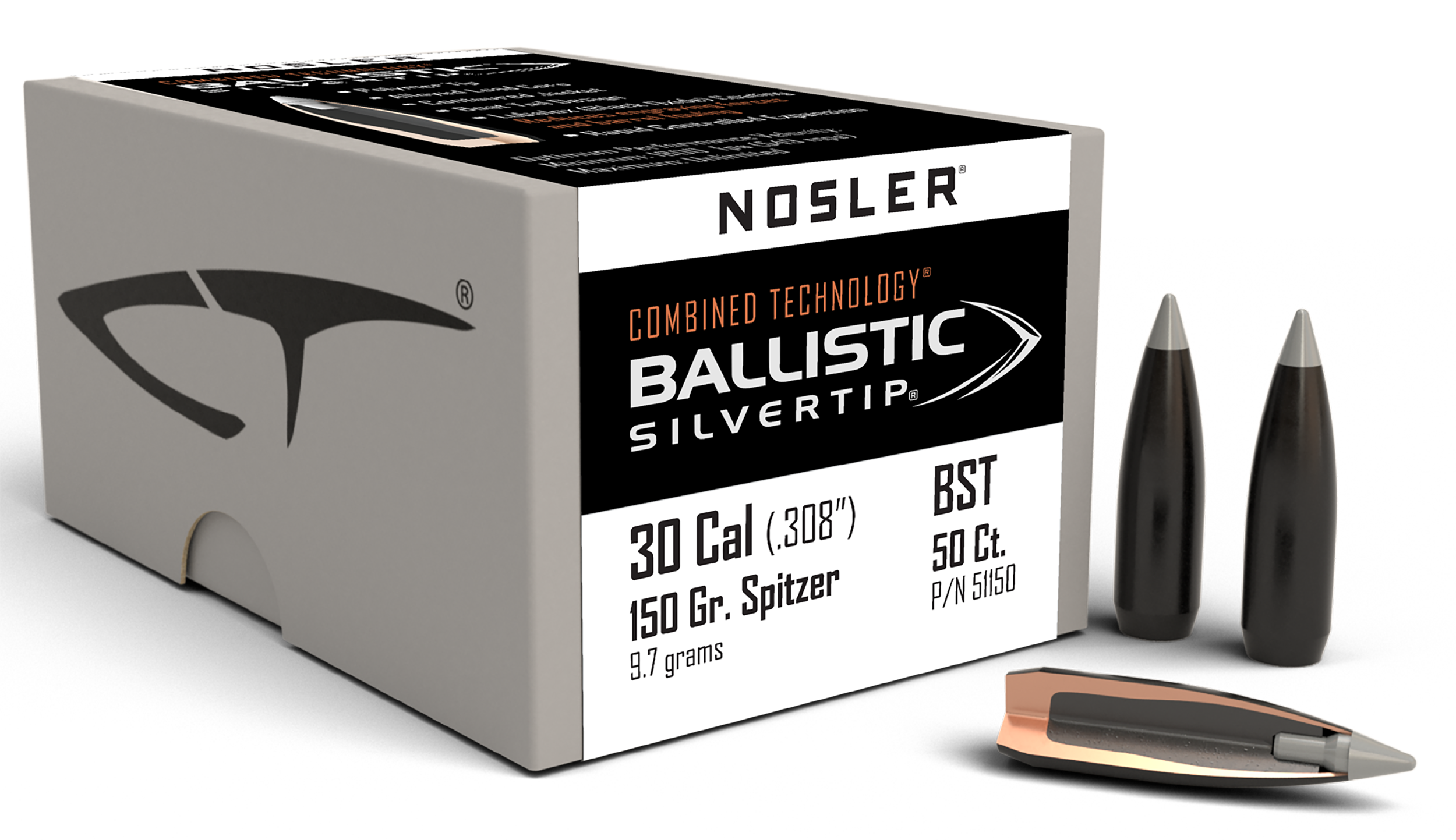 Nosler Ballistic Silvertip .308 30 Cal 150gr Spitzer Bullets - 50/Box