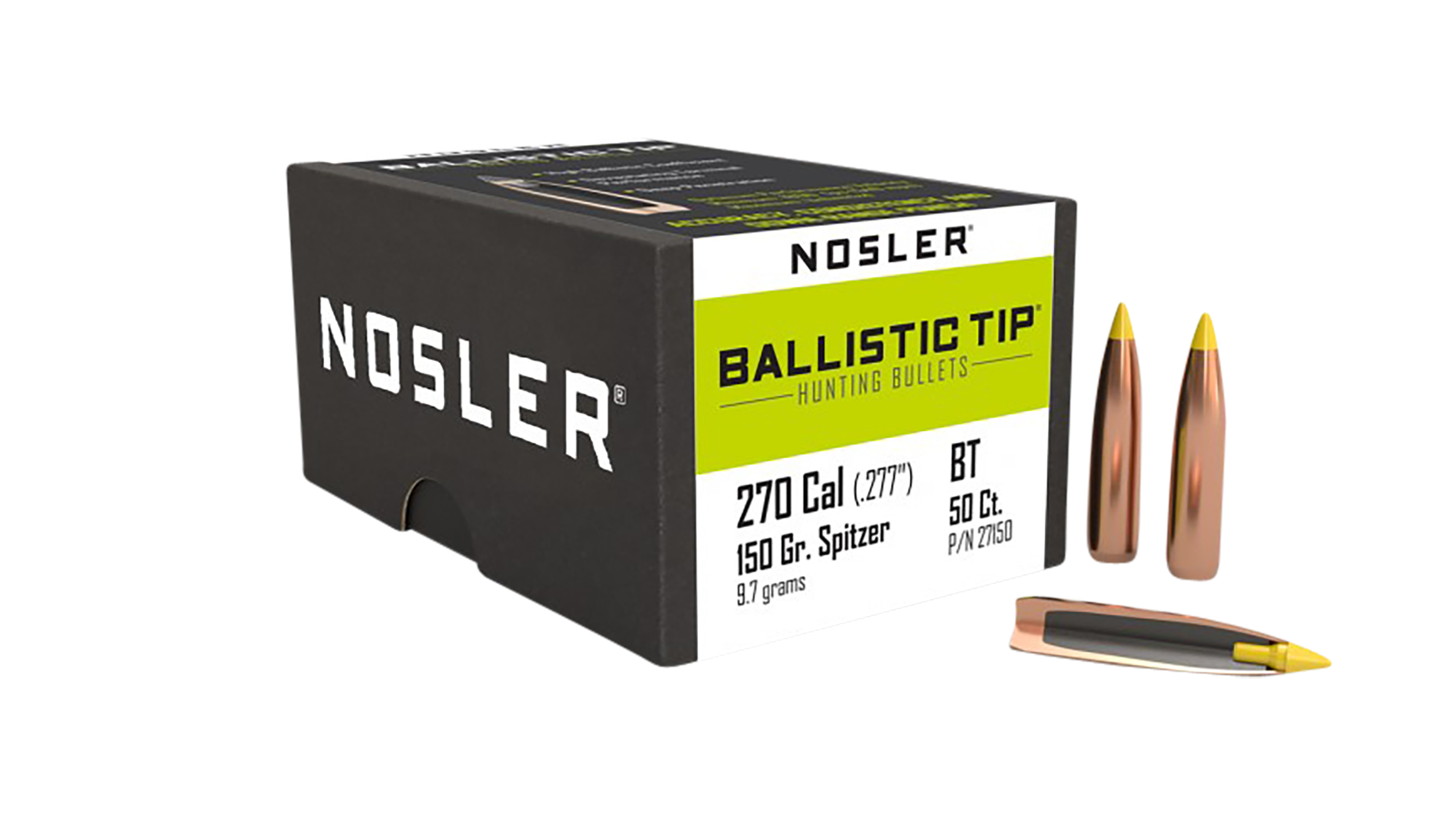 Nosler Ballistic Tip Hunting 270 Caliber 150gr Spitzer Reloading Bullets - 50/Box