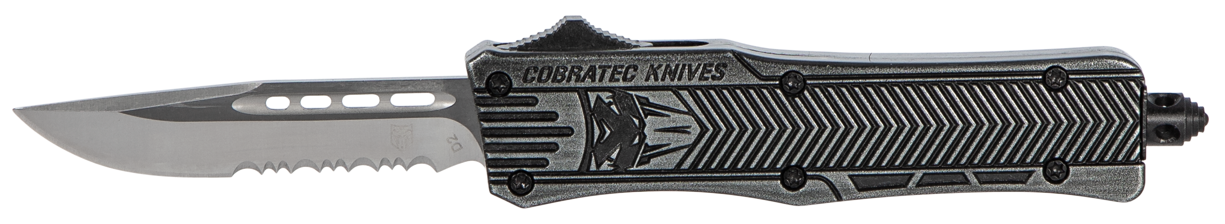 CobraTec Knives CTK-1 Small 2.75" OTF Drop Point Part Serrated D2 Steel Blade Black Stonewashed Aluminum Handle