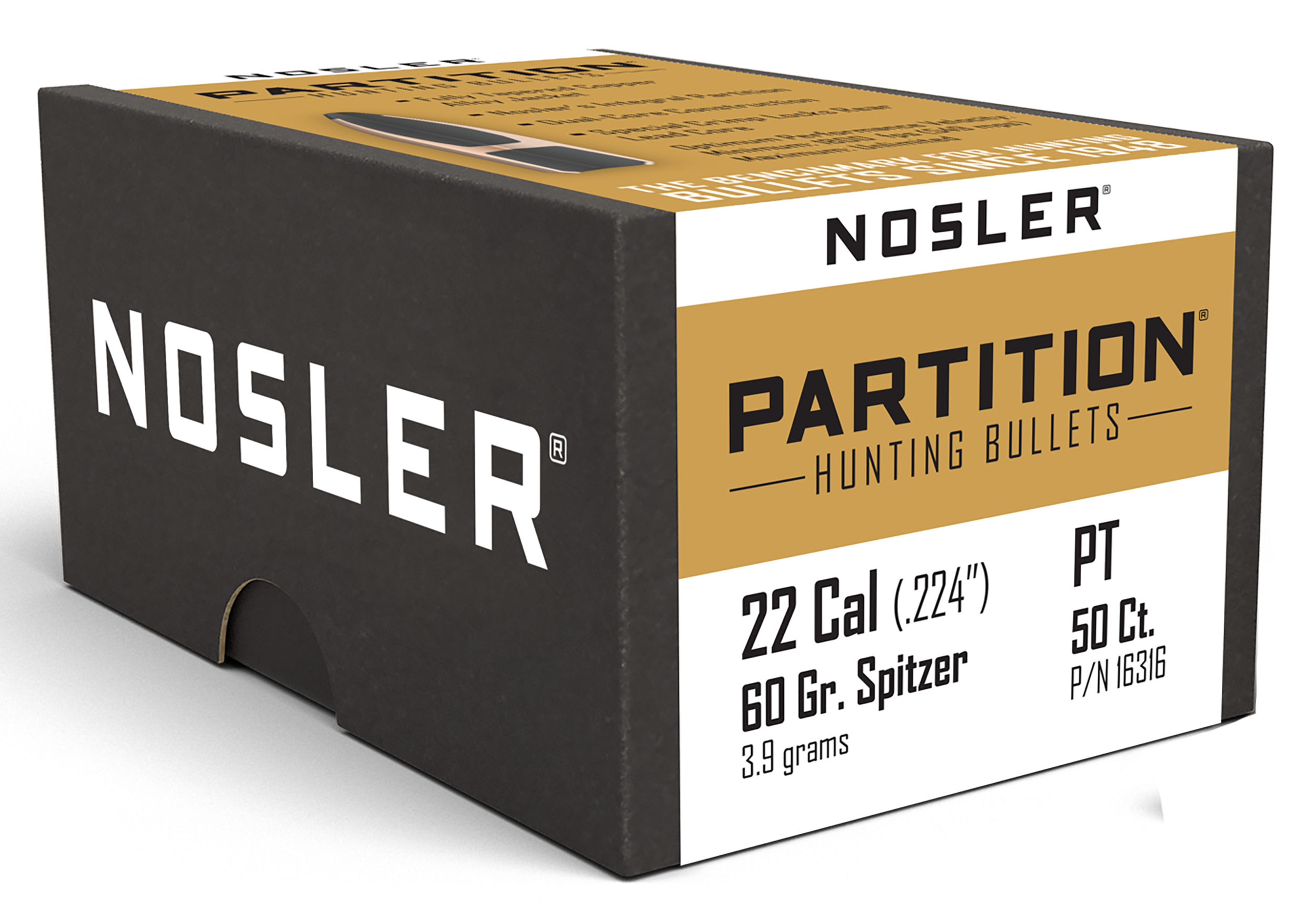 Nosler Partition 22 Cal .224 60gr Spitzer Reloading Bullets - 50/Box