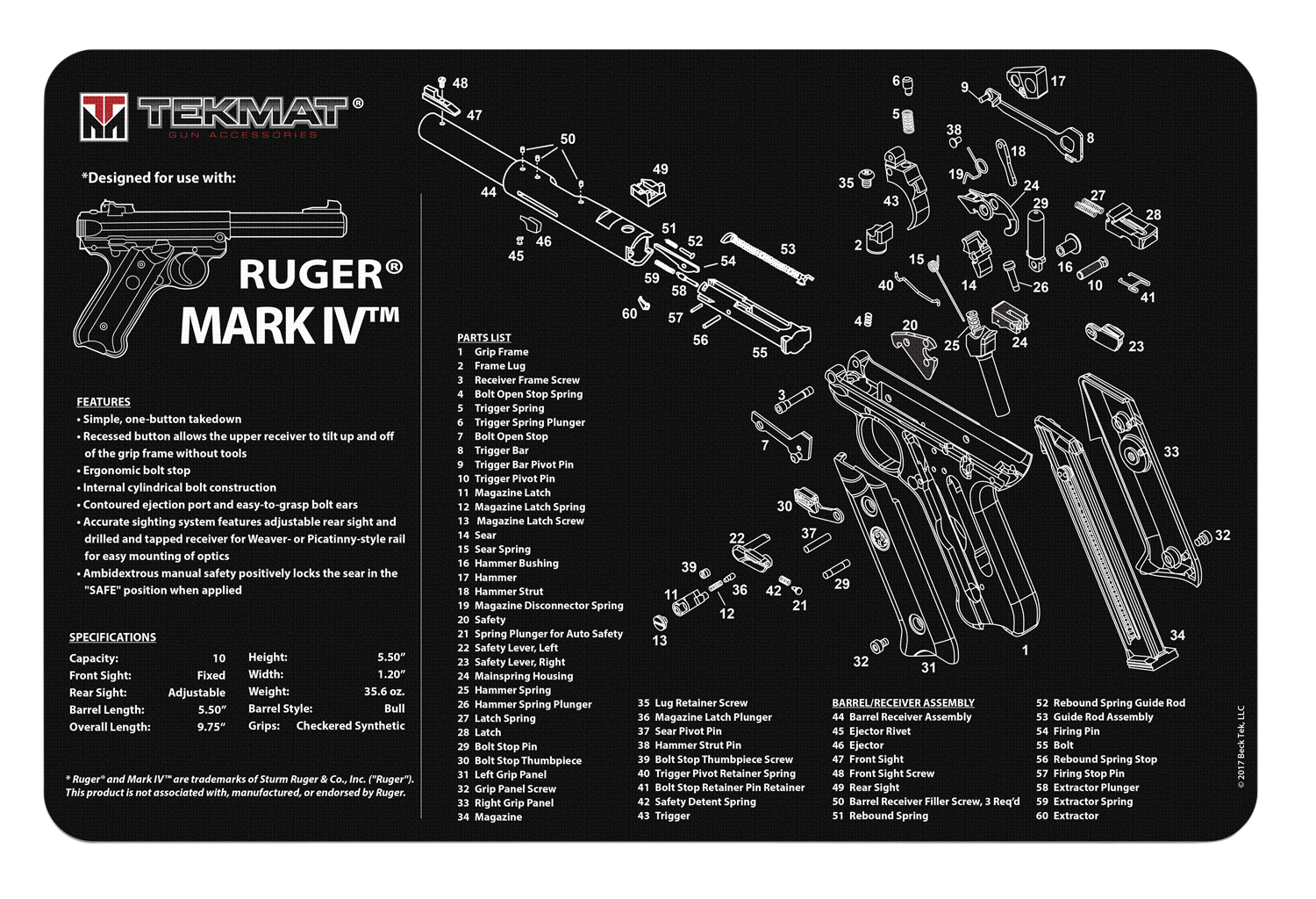 TekMat Ruger Mark IV Cleaning Mat 11 "x17 " Rubber Black/White