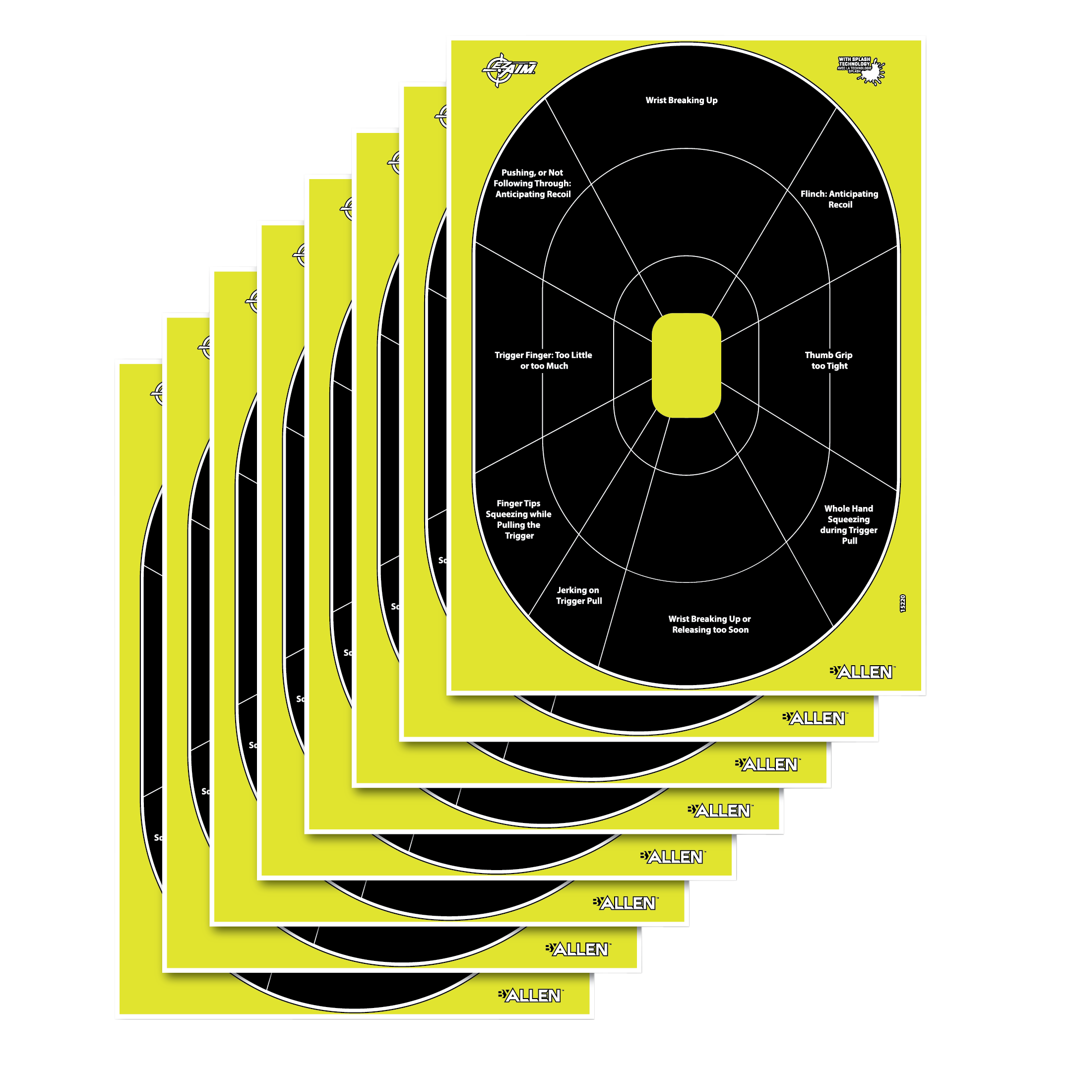 EZ-Aim 15220 Splash Reactive Oval Paper Hanging Handgun Target 12" x 18" Black/Yellow - 8 Pack
