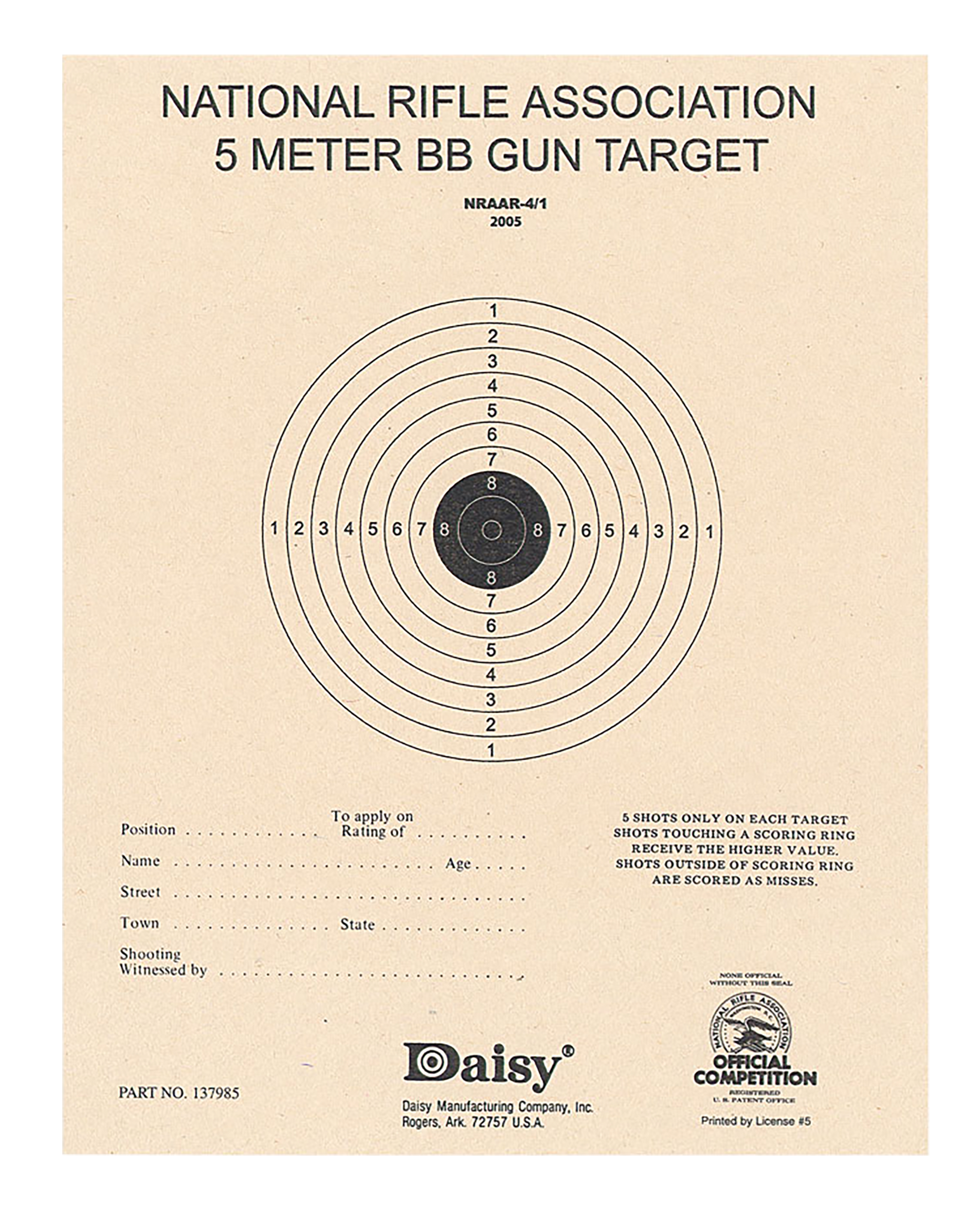 Daisy 408 NRA 5-Meter Air Rifle Bullseye Paper Target 50 Pkg - Black/White