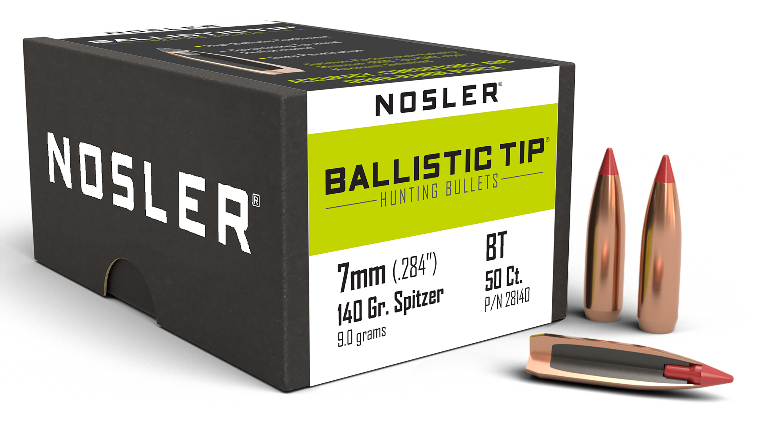 Nosler Ballistic Tip Hunting 7mm .284 140gr Spitzer Reloading Bullets - 50/Box