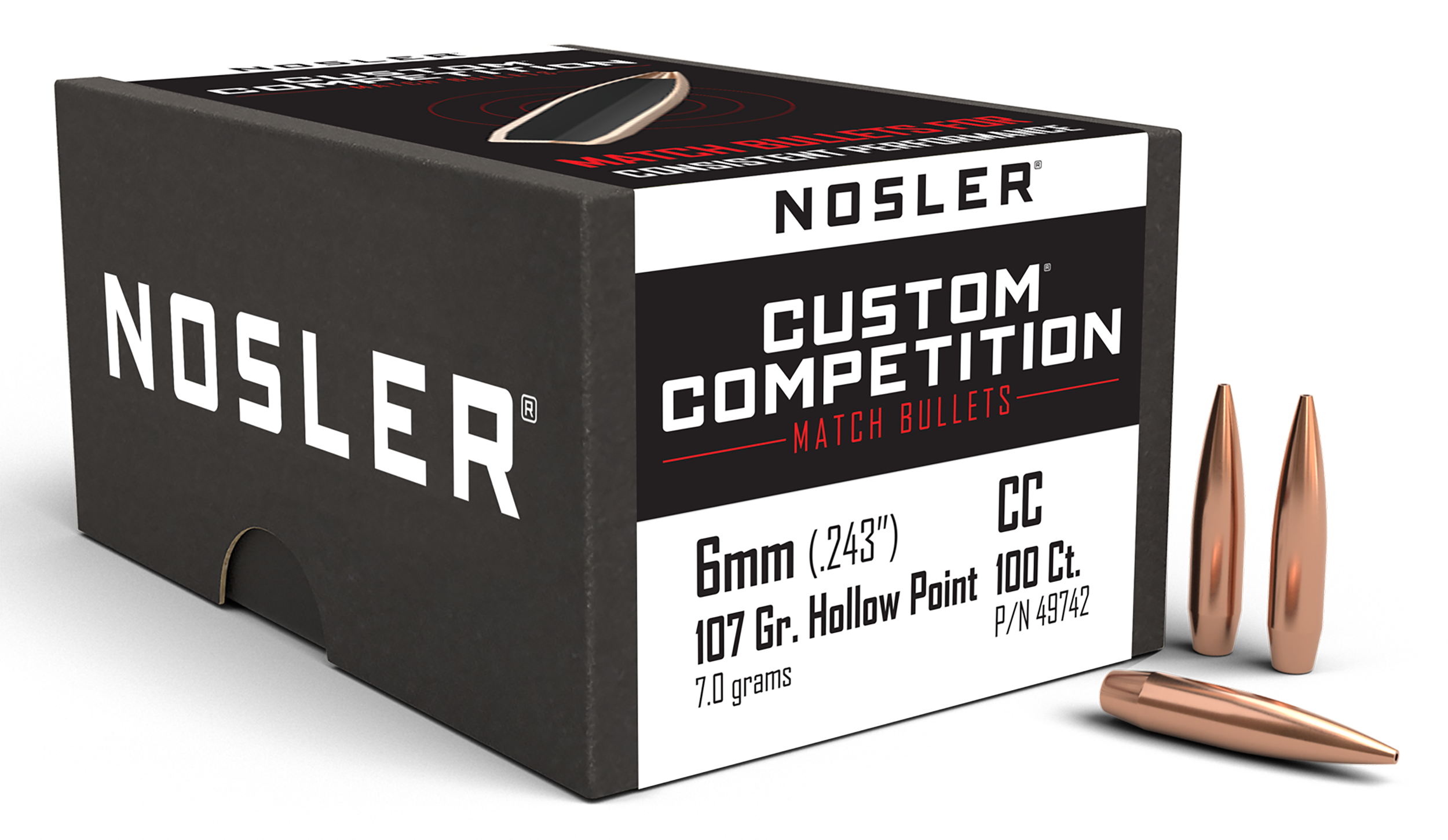 Nosler Custom Competition 6mm 107gr Hollow Point Boat Tail 100/Box
