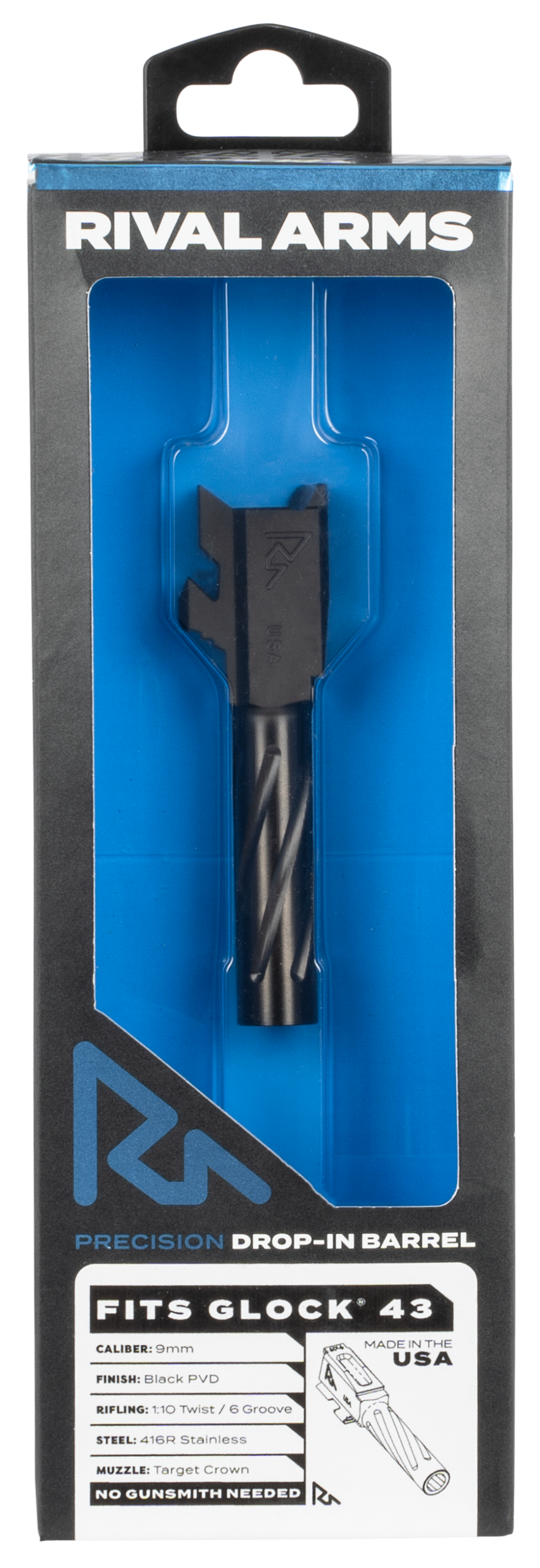 Rival Arms Precision V1 Match Grade 9mm Luger 3.41" Black PVD Stainless Steel Drop-In Barrel for Glock 43