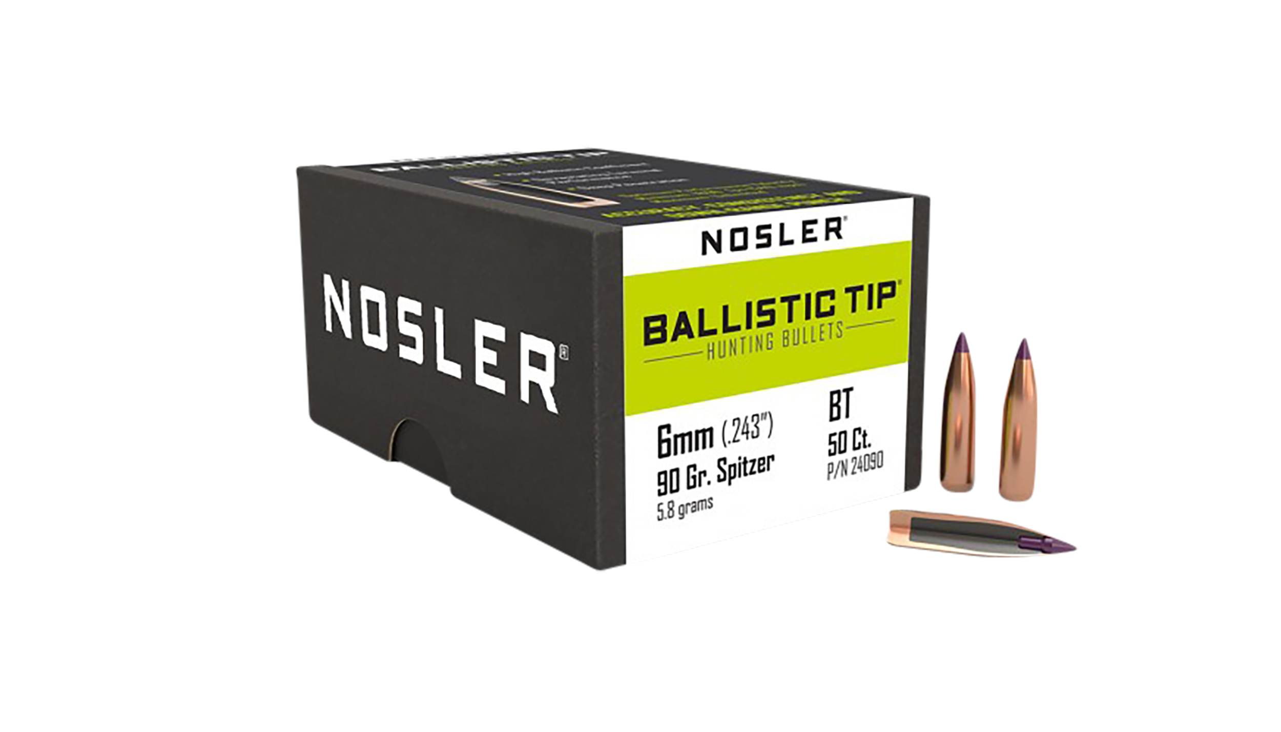 Nosler Ballistic Tip Hunting 6mm 90gr Spitzer Reloading Bullets - 50/Box