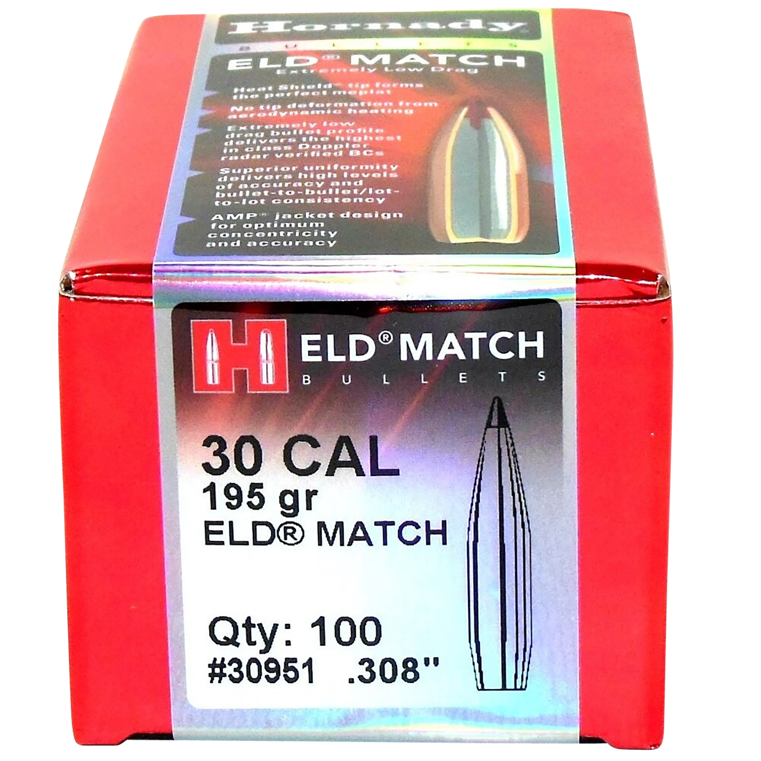 Hornady ELD Match 30 Cal .308 195 gr Polymer Tip Reloading Bullets - 100/Box