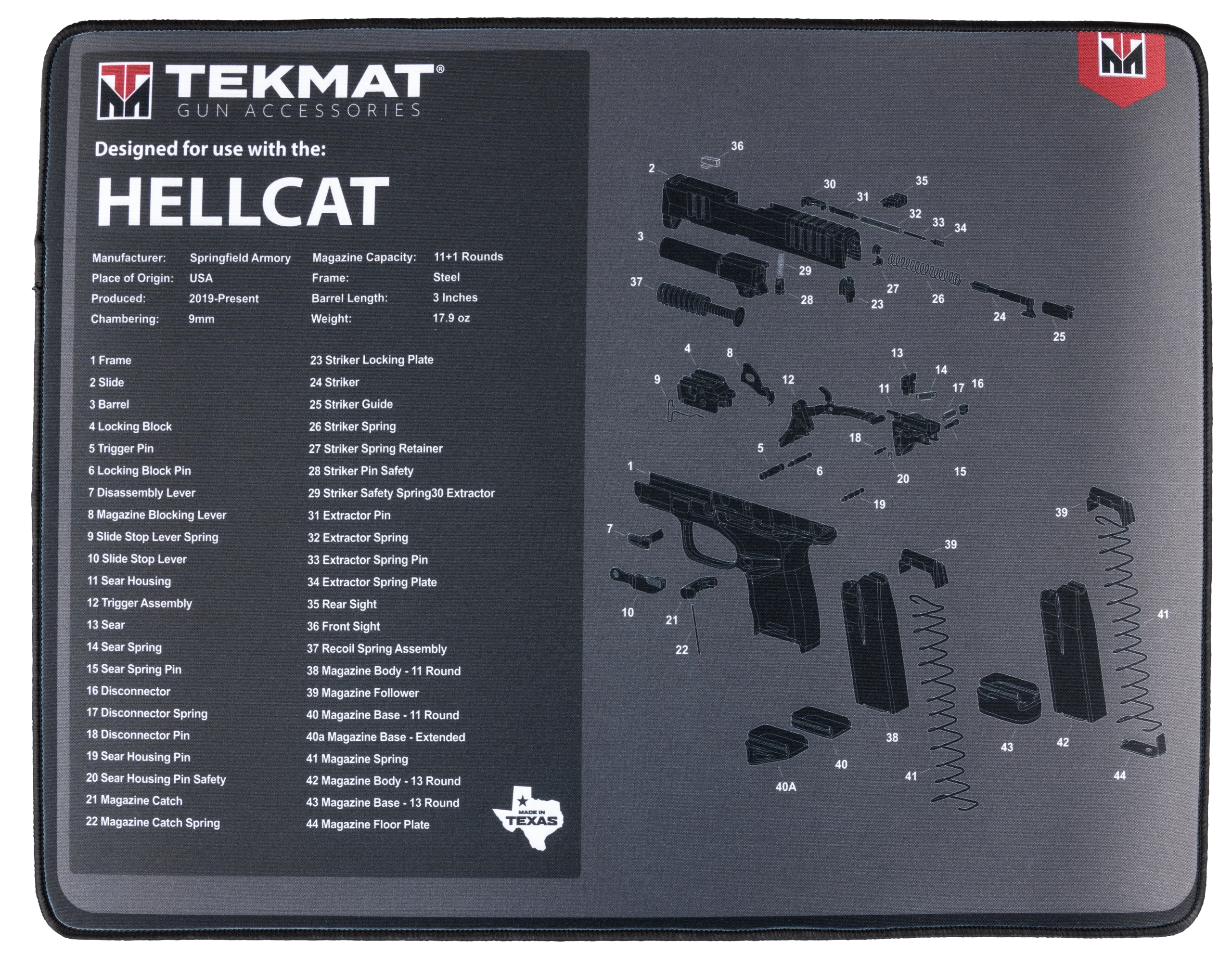 TekMat Ultra 20 Cleaning Mat 15"x20" Springfield Hellcat Parts Diagram Black/Gray Rubber