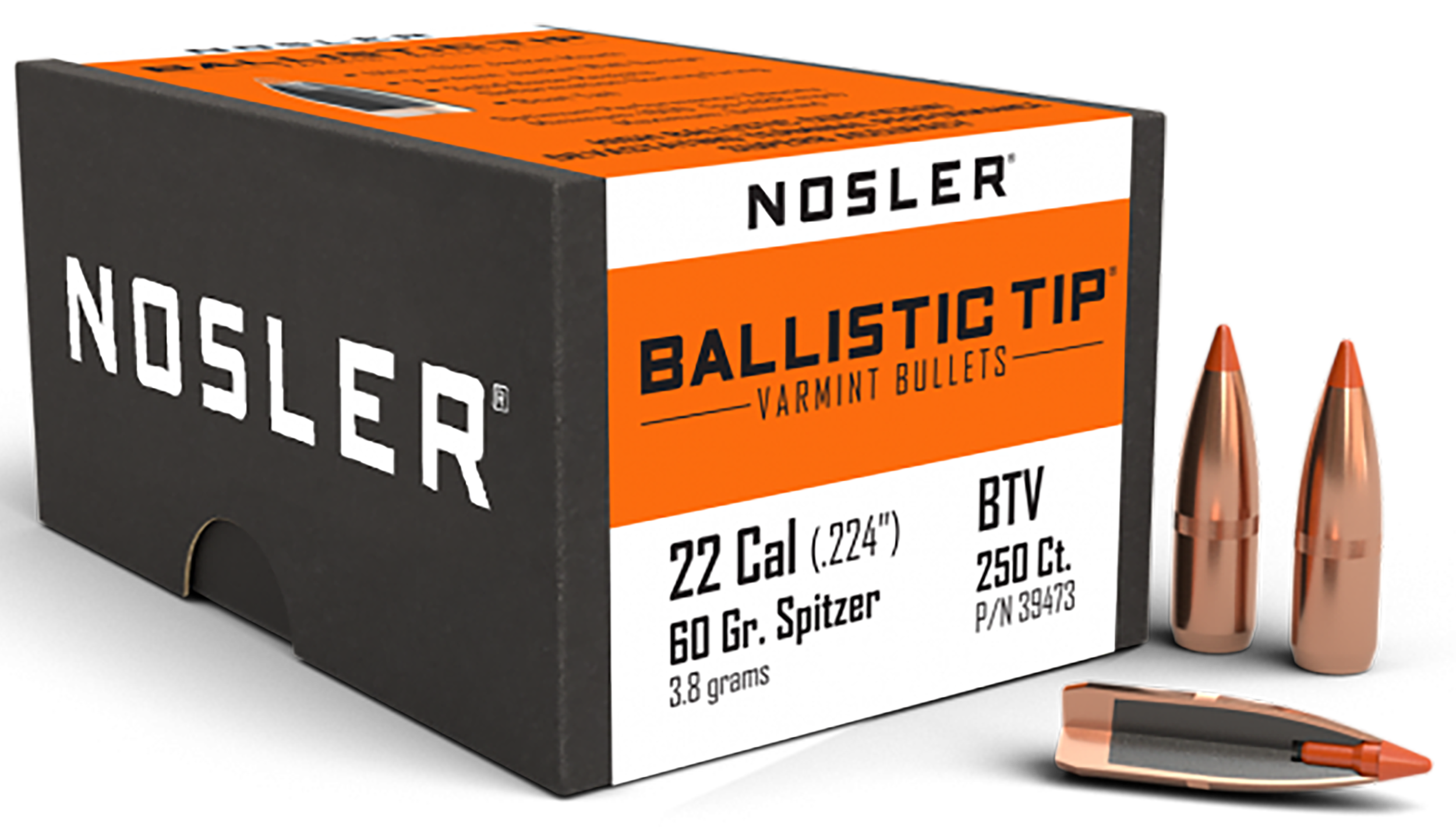 Nosler Ballistic Tip Varmint .22 Cal 60gr Polymer Tip Reloading Bullets - 250/Box