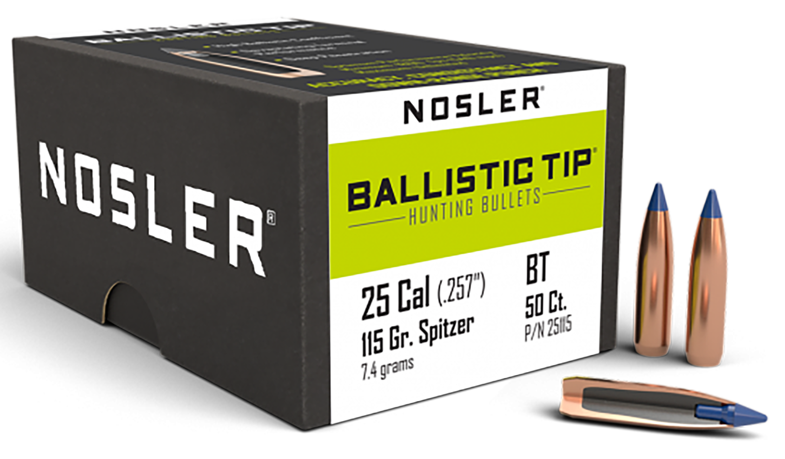 Nosler Ballistic Tip 25 Cal .257 115gr Spitzer Point - 50/Box