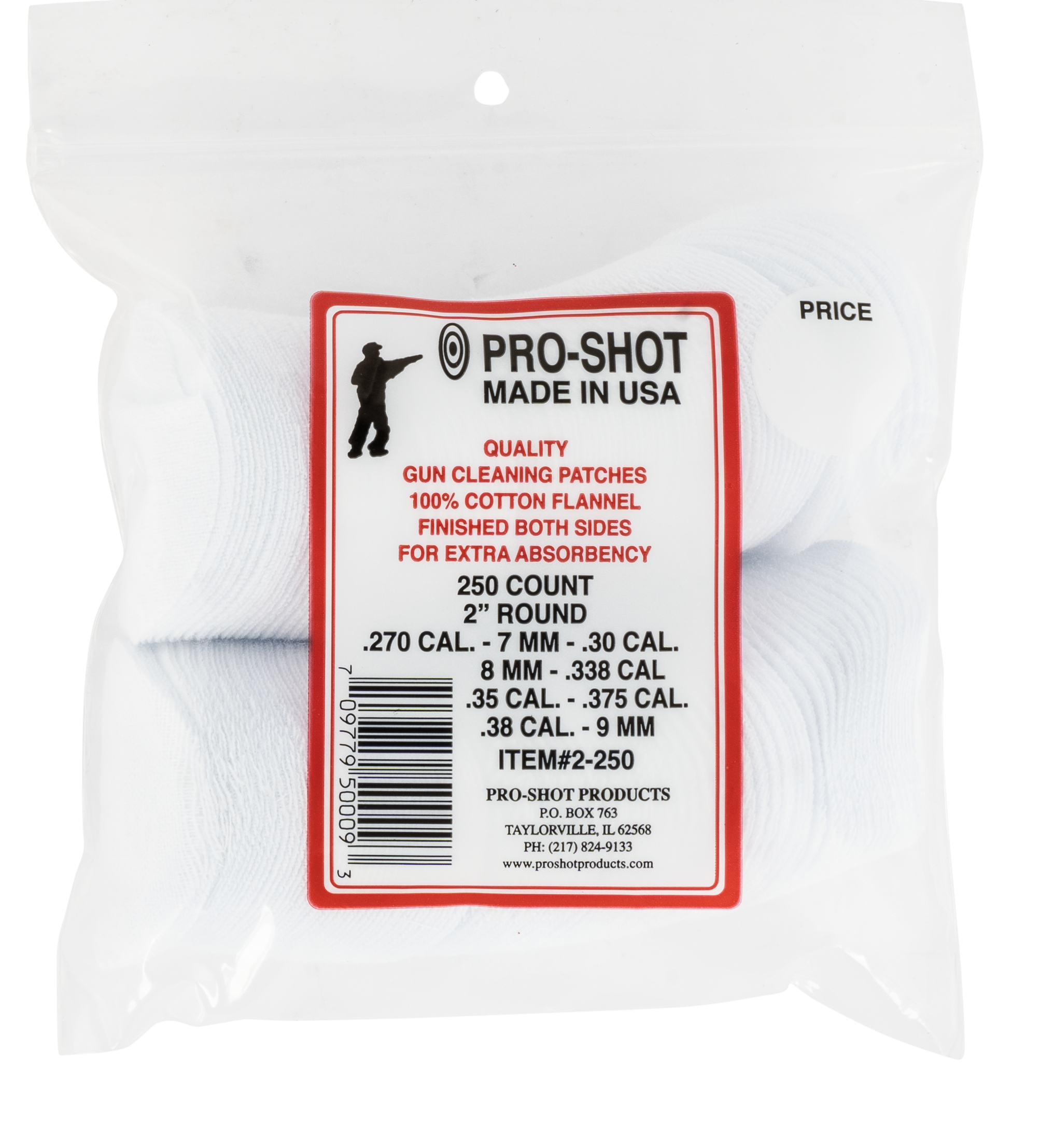 Pro-Shot 2250 Cleaning Patches .270 - .38 Cal 2" Round Cotton Flannel 250 Pack