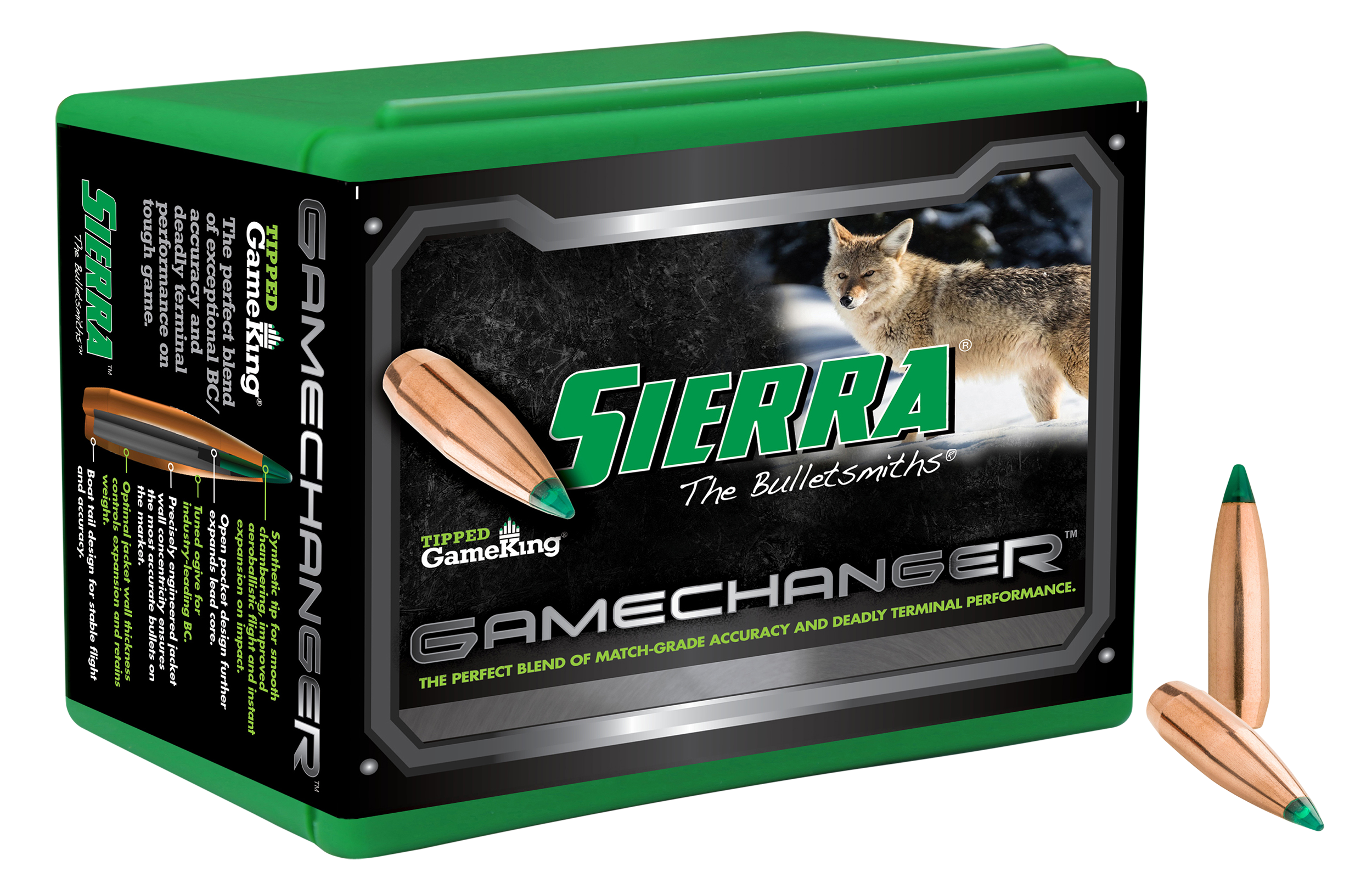 Sierra Tipped GameKing 22 Cal 64gr Polymer Tip Boat Tail Reloading Bullets - 100/Box