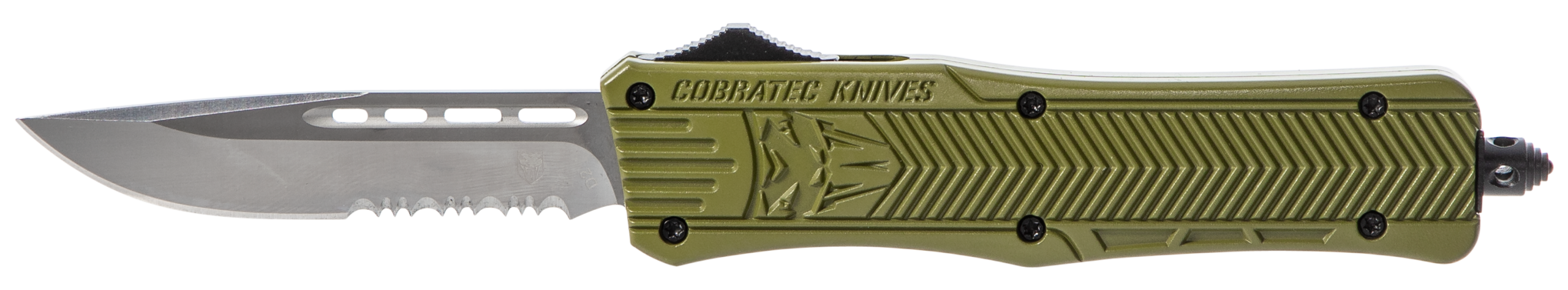 CobraTec Knives CTK-1 Medium 3" OTF Drop Point Part Serrated D2 Steel OD Green Aluminum Handle