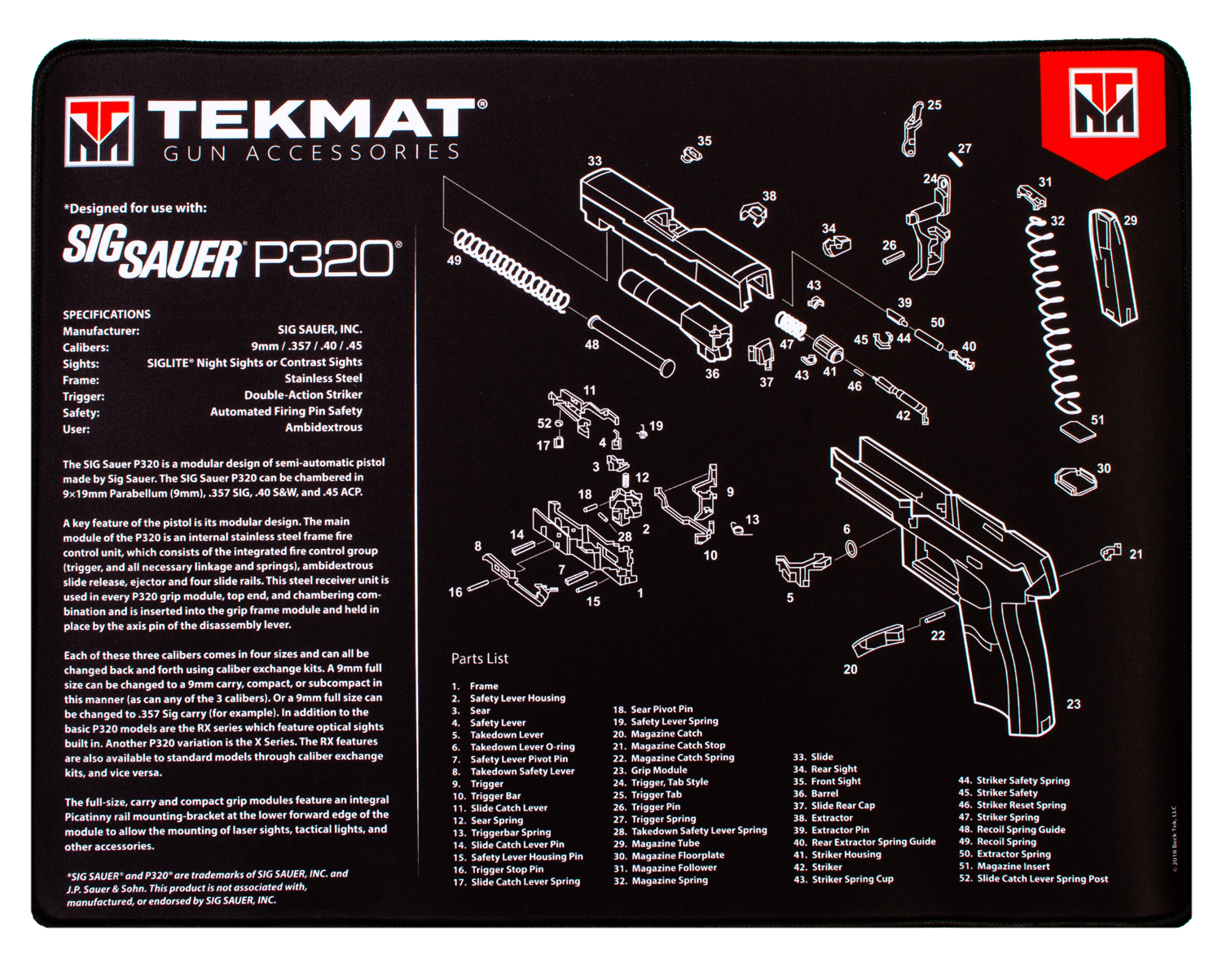 TekMat Sig Sauer P320 Ultra 20 Cleaning Mat 15"x20" Black/White Rubber