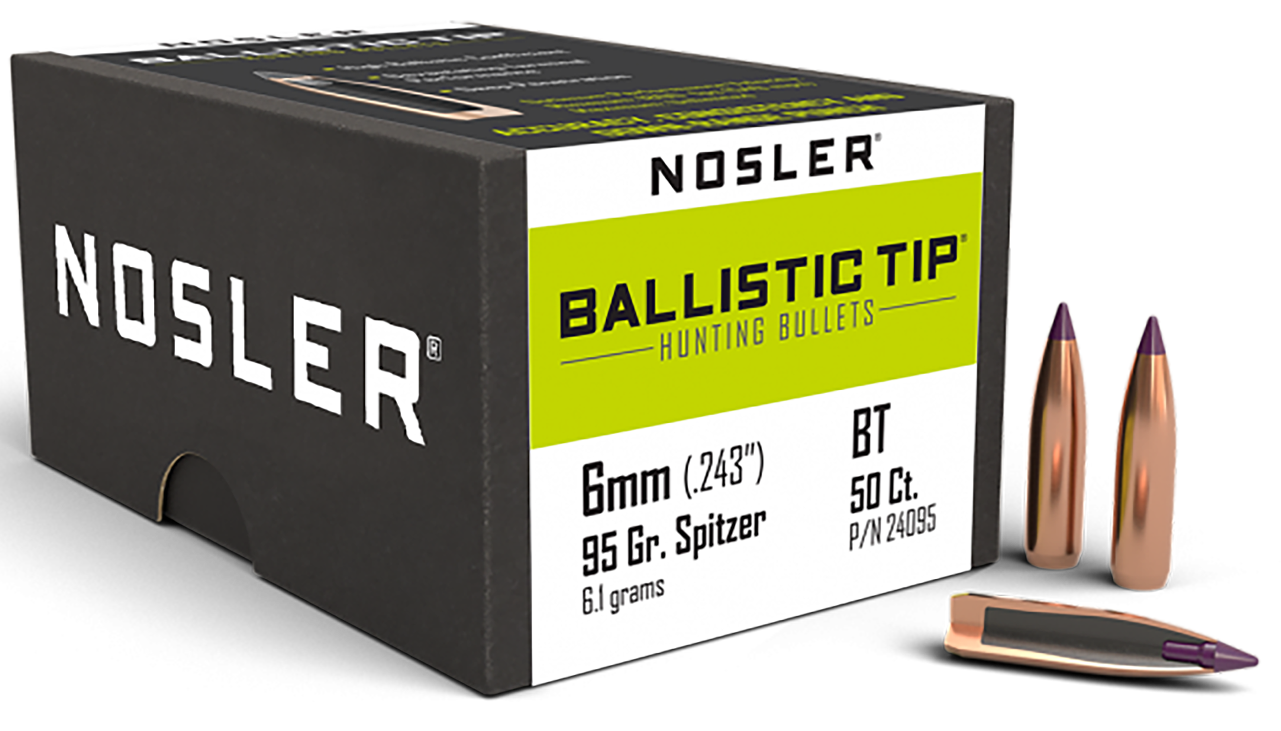 Nosler Ballistic Tip Hunting 6mm 95gr Spitzer Reloading Bullets - 50/Box