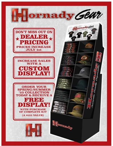 HORNADY GEAR SPRING KIT F25 CAPS AND SHIRTS WITH FREE DIPLAY 34310